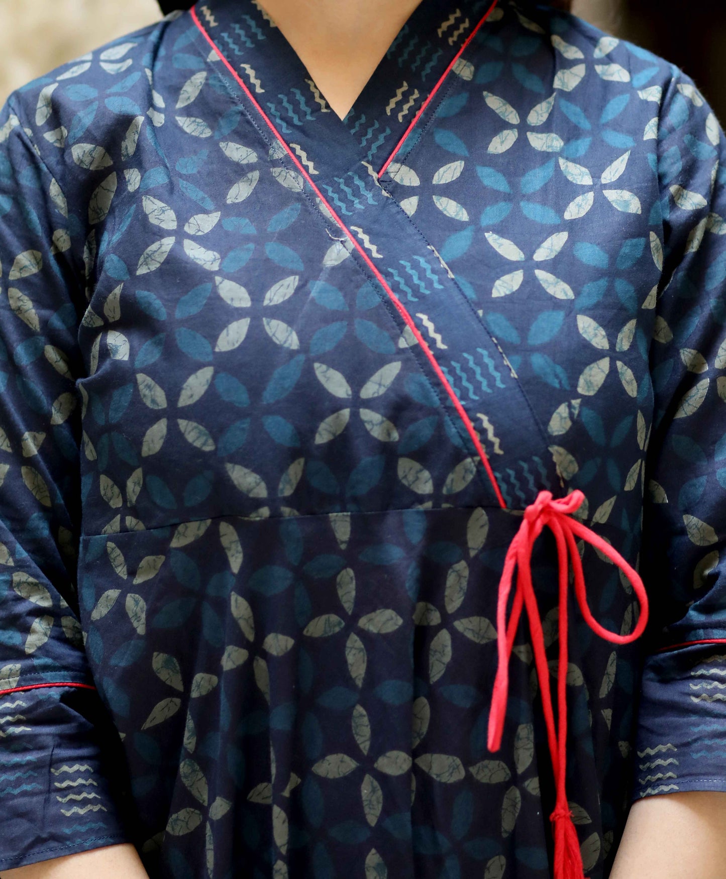 Women's Blue Abstract Print Ankle Length Angrakha Style Kurta - Miravan