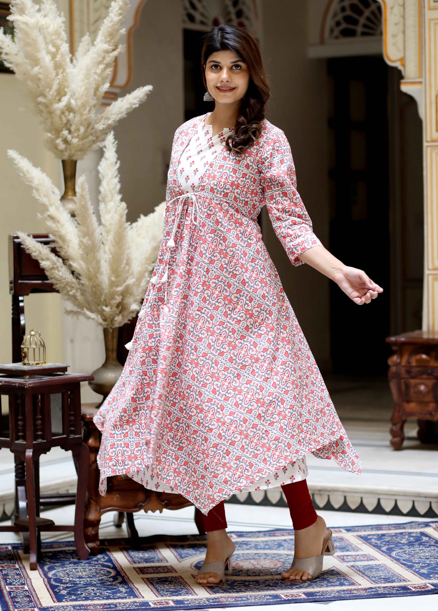 Women's Orange Cotton Floral Printed Kurta With Jacket - Miravan