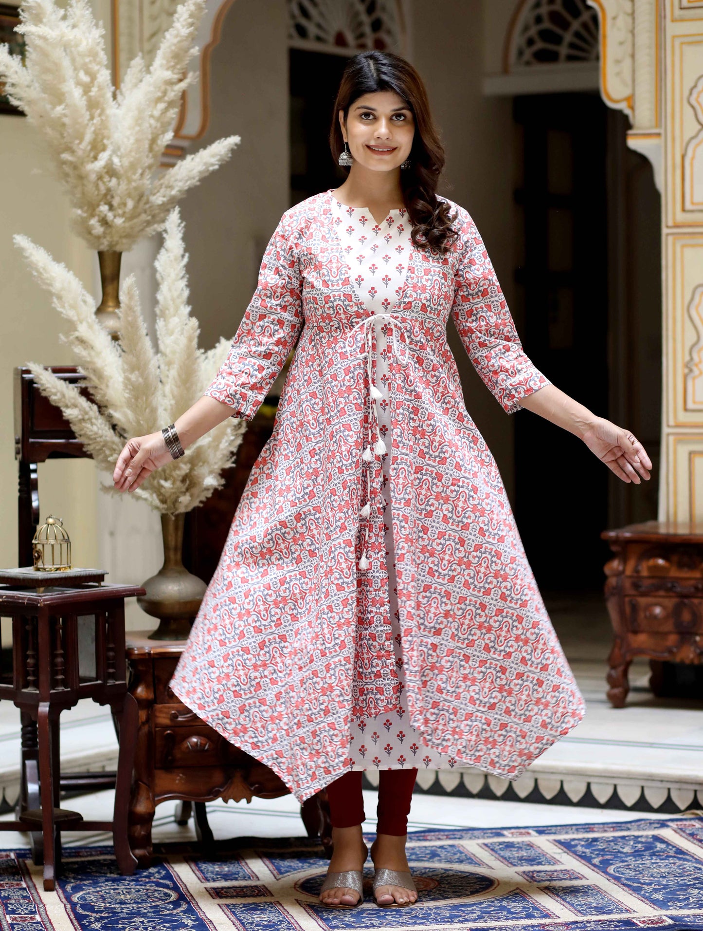 Women's Orange Cotton Floral Printed Kurta With Jacket - Miravan