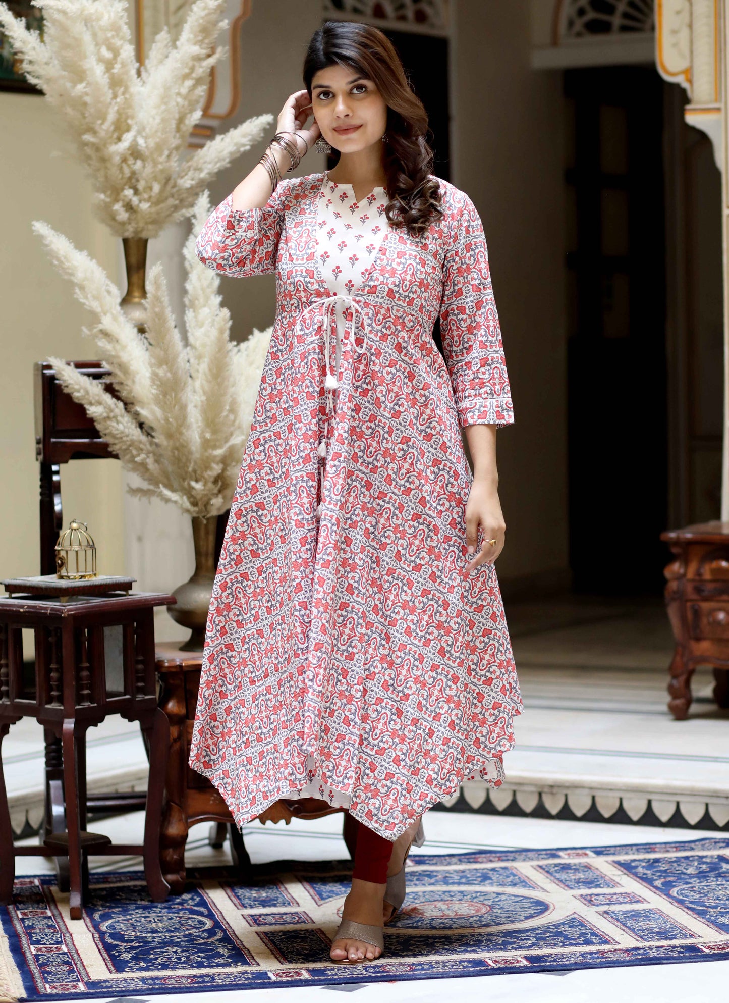 Women's Orange Cotton Floral Printed Kurta With Jacket - Miravan