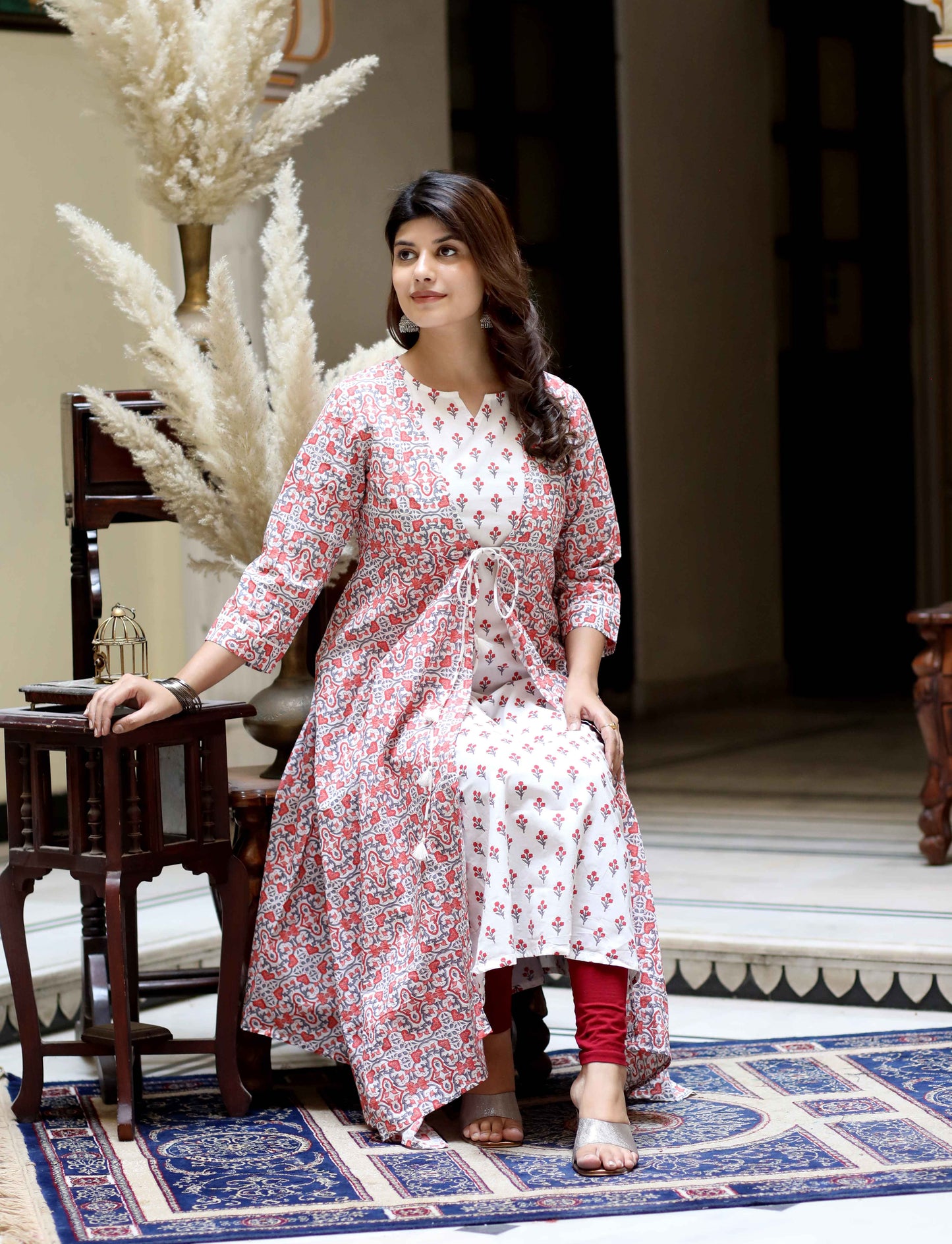 Women's Orange Cotton Floral Printed Kurta With Jacket - Miravan