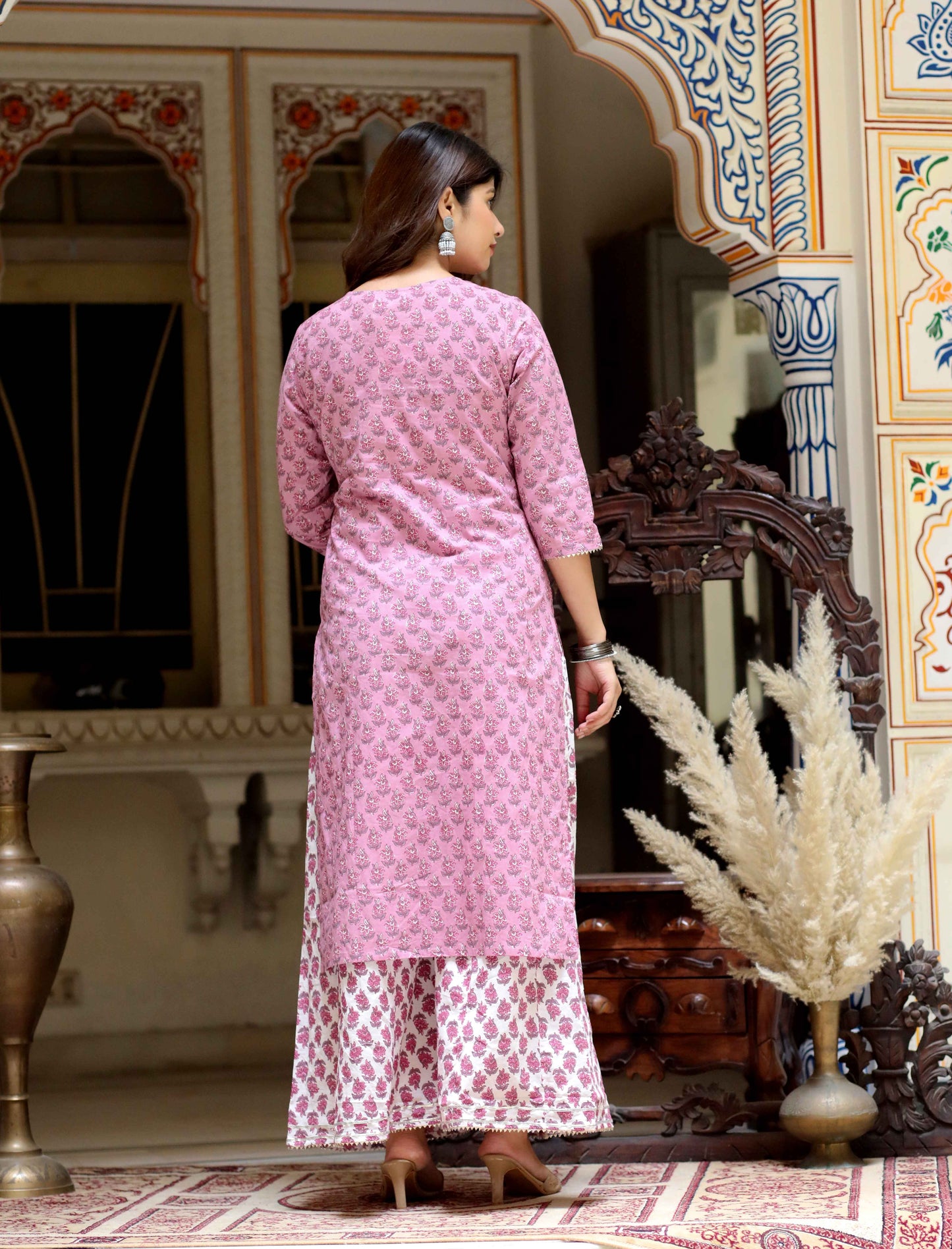 Women's Pink Cotton Kurta With Palazzo & Dupatta Set - Miravan