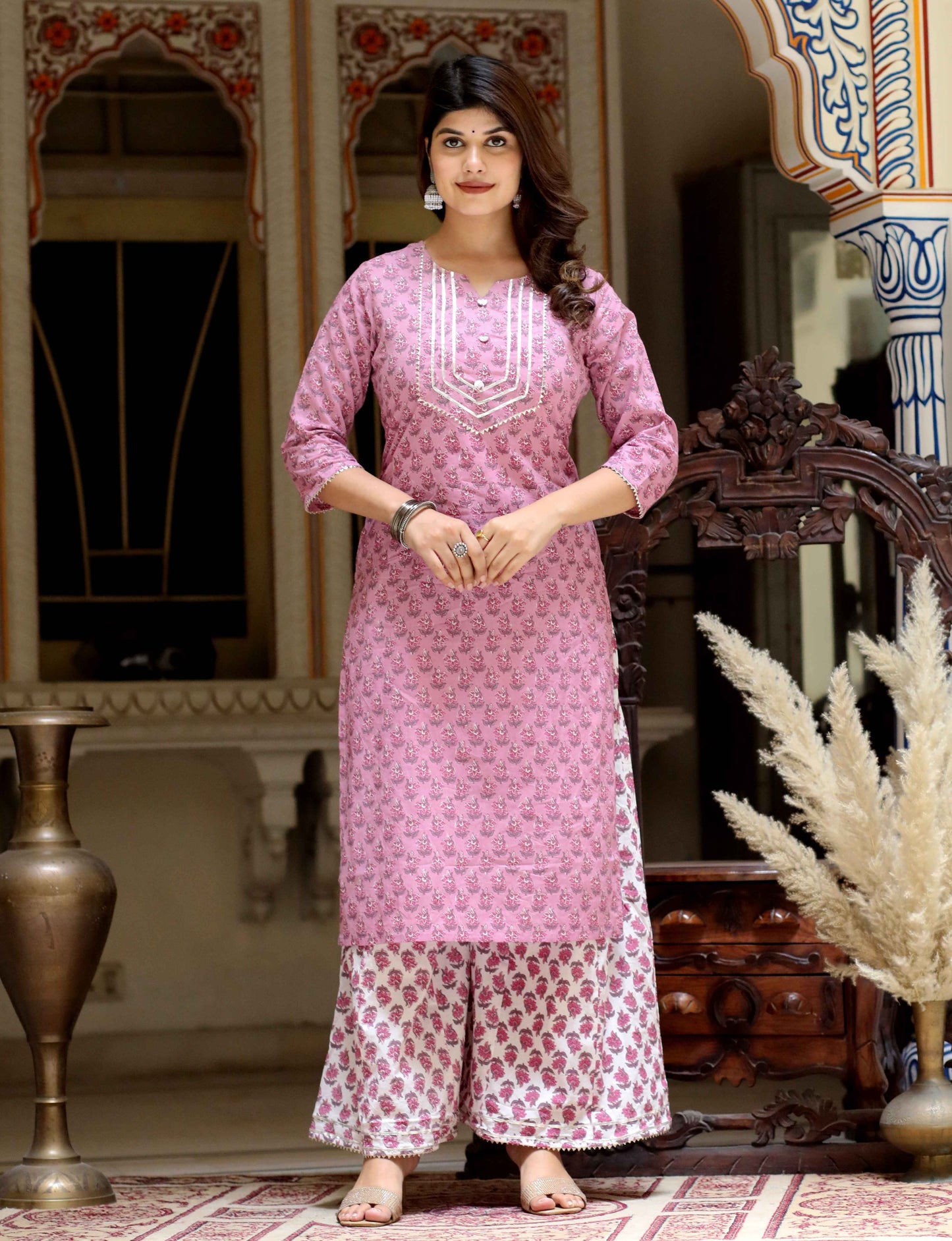 Women's Pink Cotton Floral Print Straight Kurta And Palazzo Set - Miravan