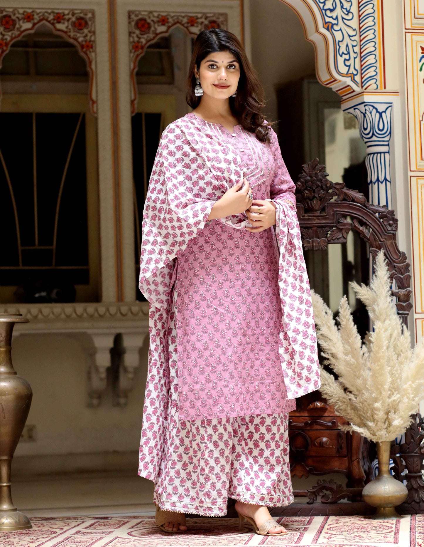 Women's Pink Cotton Kurta With Palazzo & Dupatta Set - Miravan