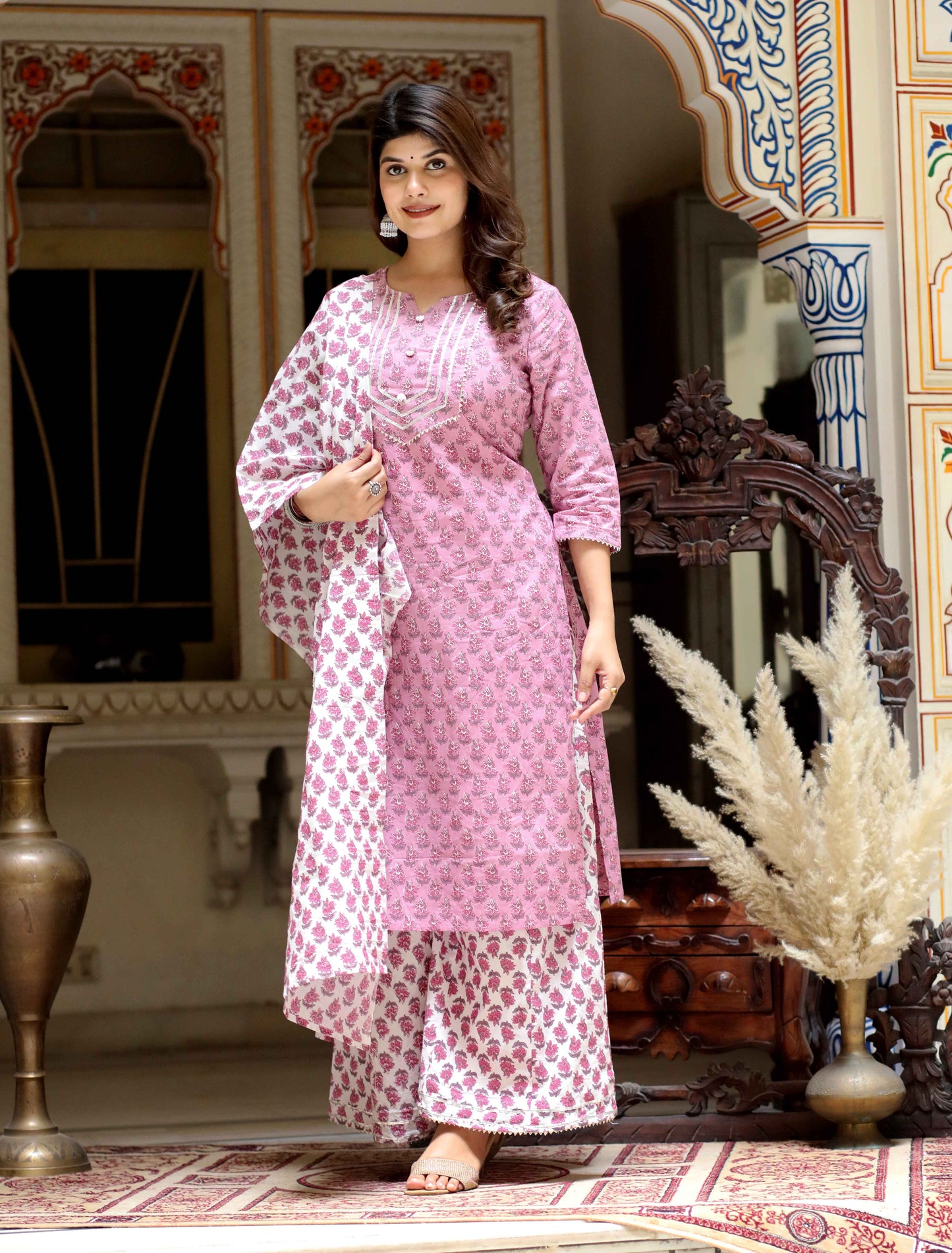 Women's Pink Cotton Kurta With Palazzo & Dupatta Set - Miravan