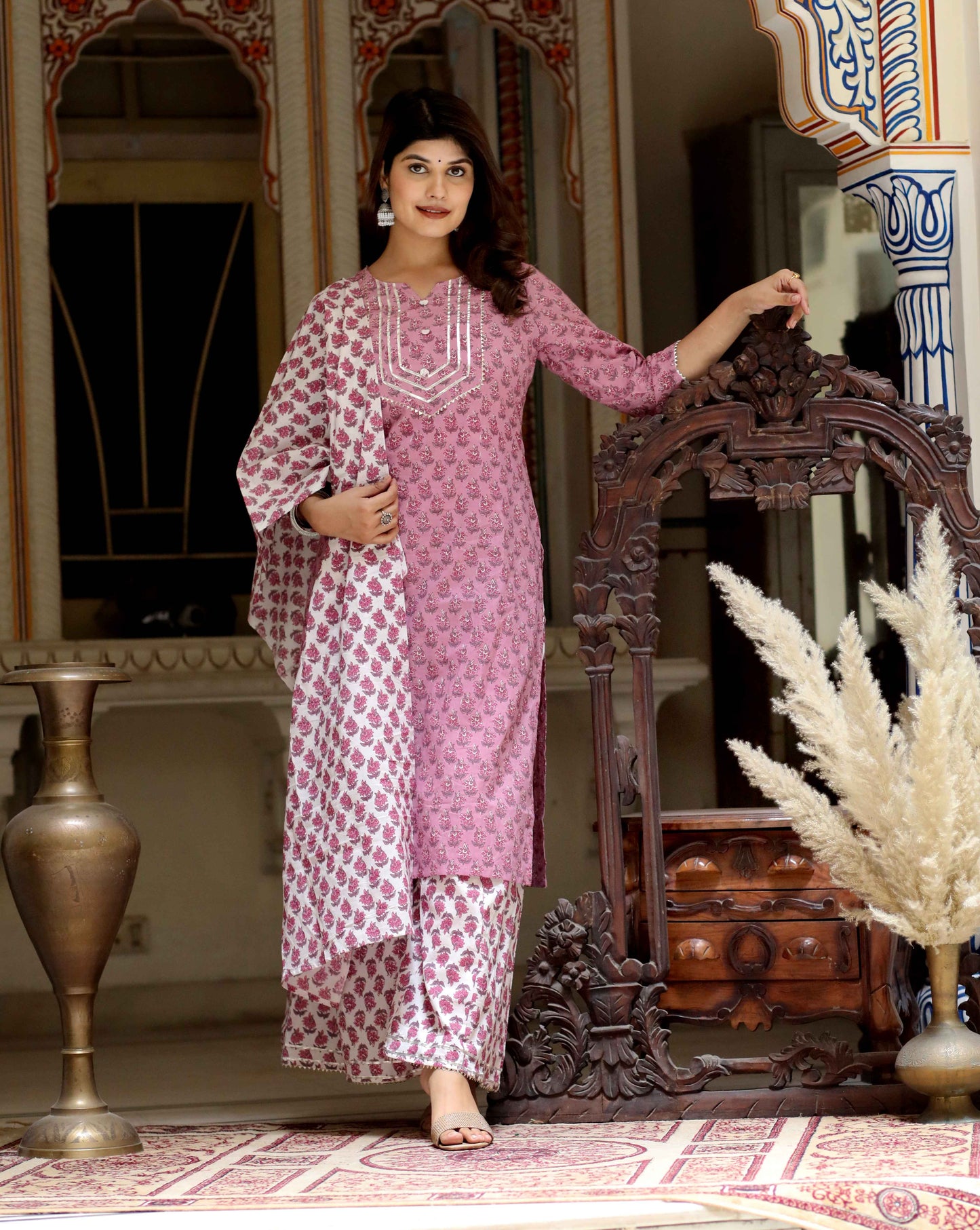Women's Pink Cotton Kurta With Palazzo & Dupatta Set - Miravan