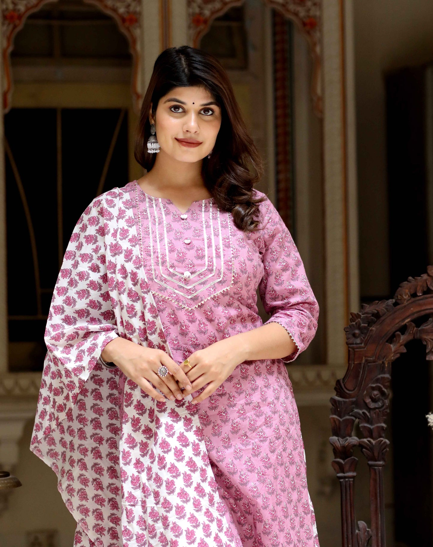 Women's Pink Cotton Kurta With Palazzo & Dupatta Set - Miravan