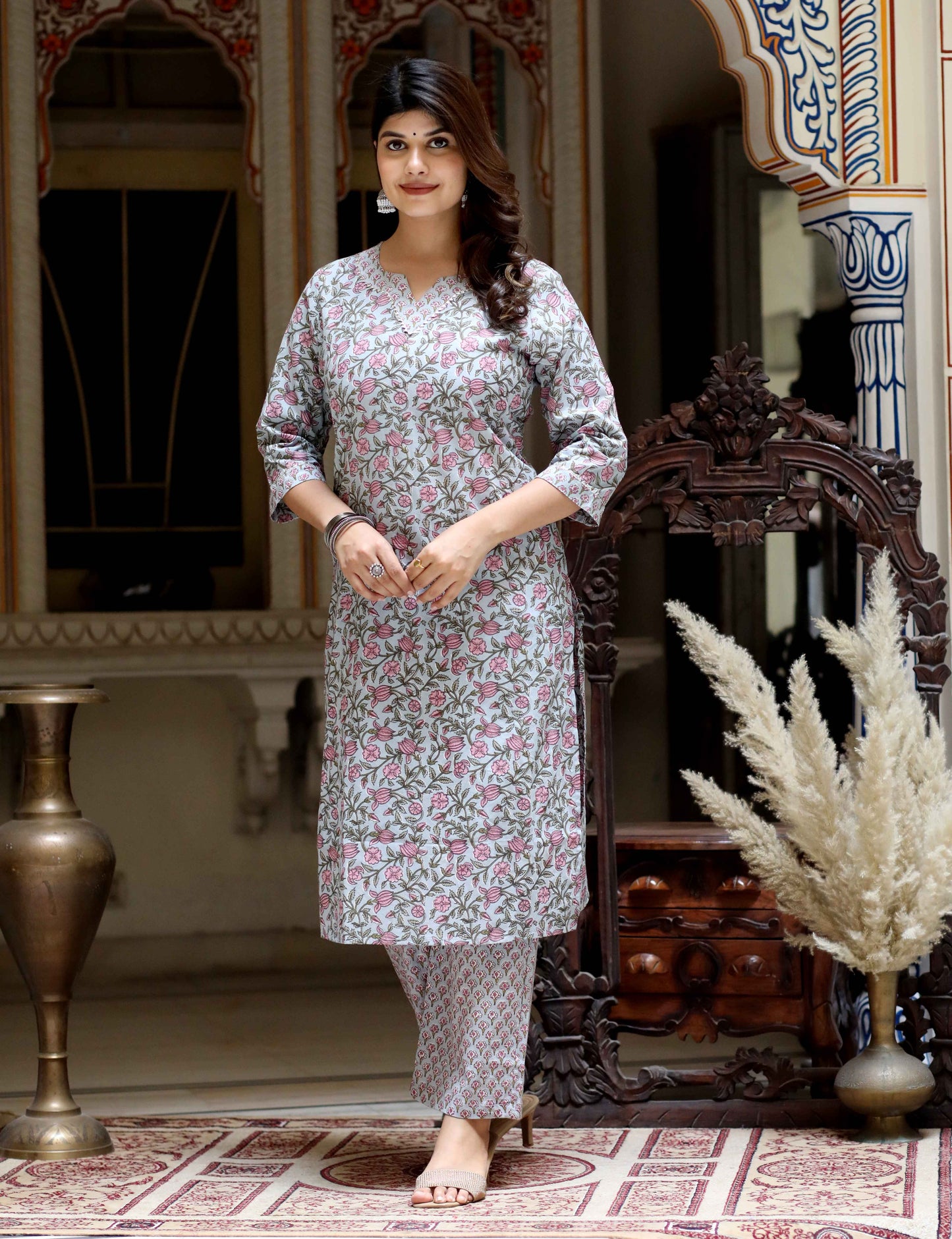 Women's Blue Cotton Floral Printed Straight Kurta Palazzo - Miravan