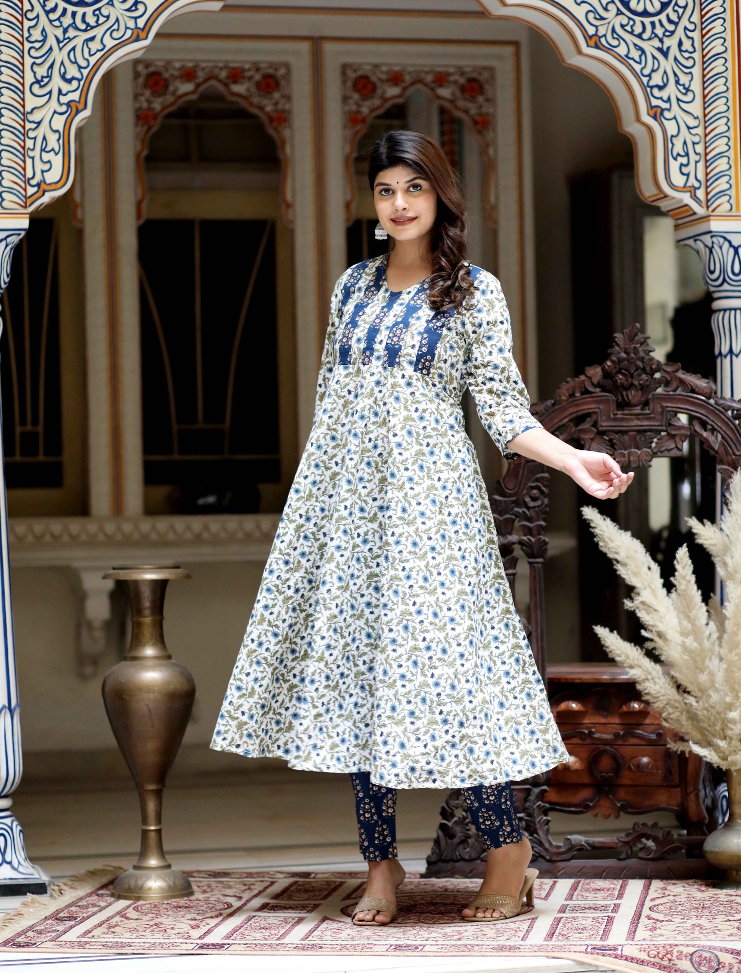 Women's Blue Floral Printed Anarkali Pure Cotton Kurta With Palazzo Set - Miravan