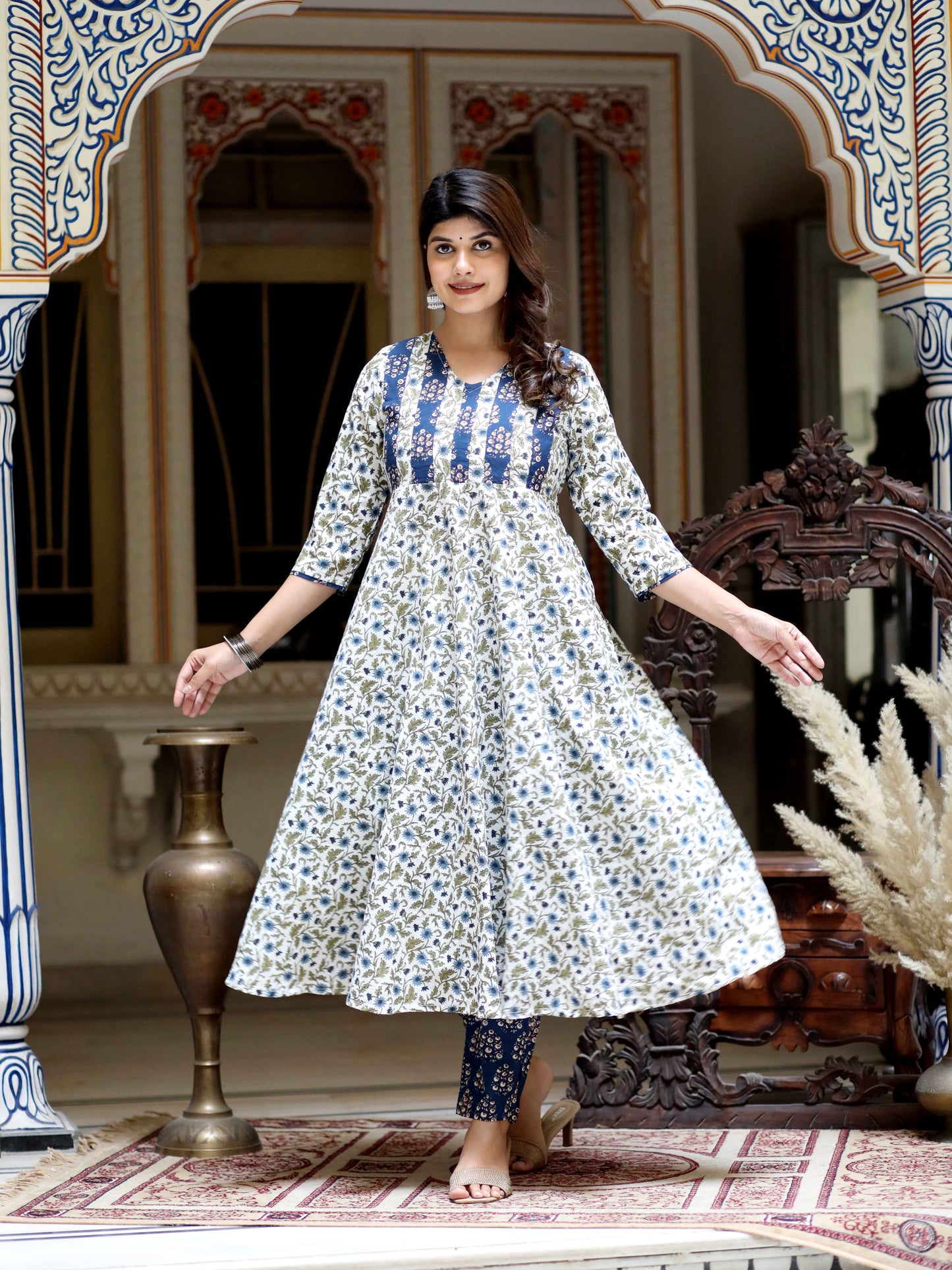 Women's Blue Floral Printed Anarkali Pure Cotton Kurta With Palazzo Set - Miravan