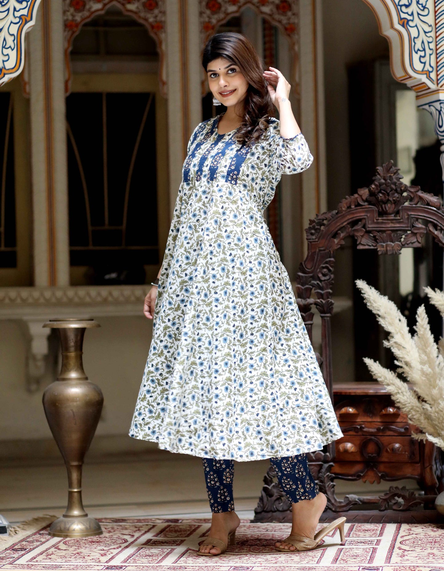 Women's Blue Floral Printed Anarkali Pure Cotton Kurta With Palazzo Set - Miravan
