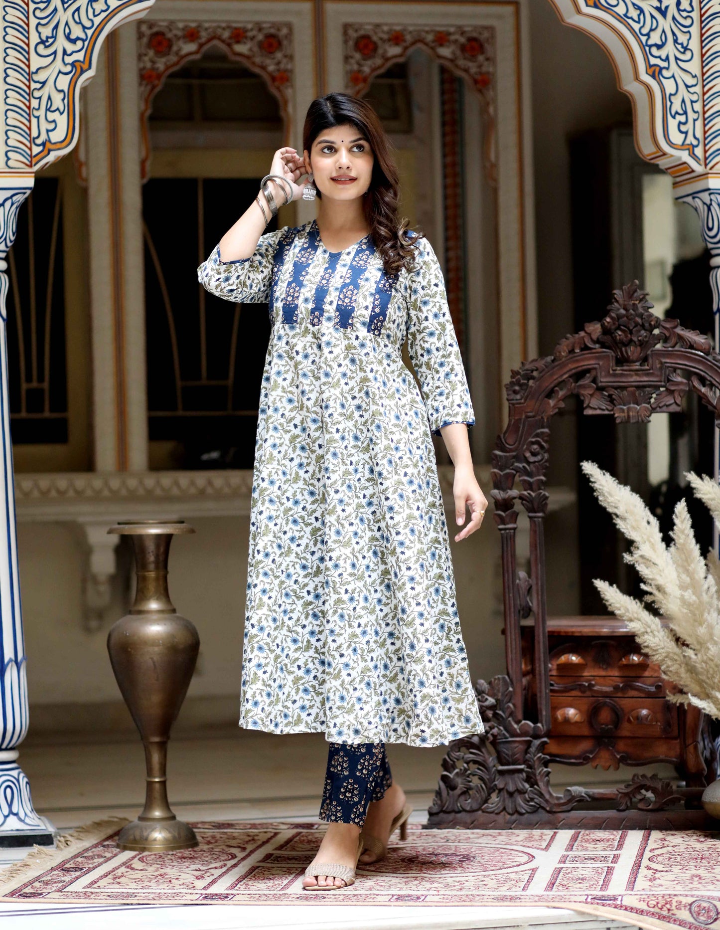 Women's Blue Floral Printed Anarkali Pure Cotton Kurta With Palazzo Set - Miravan
