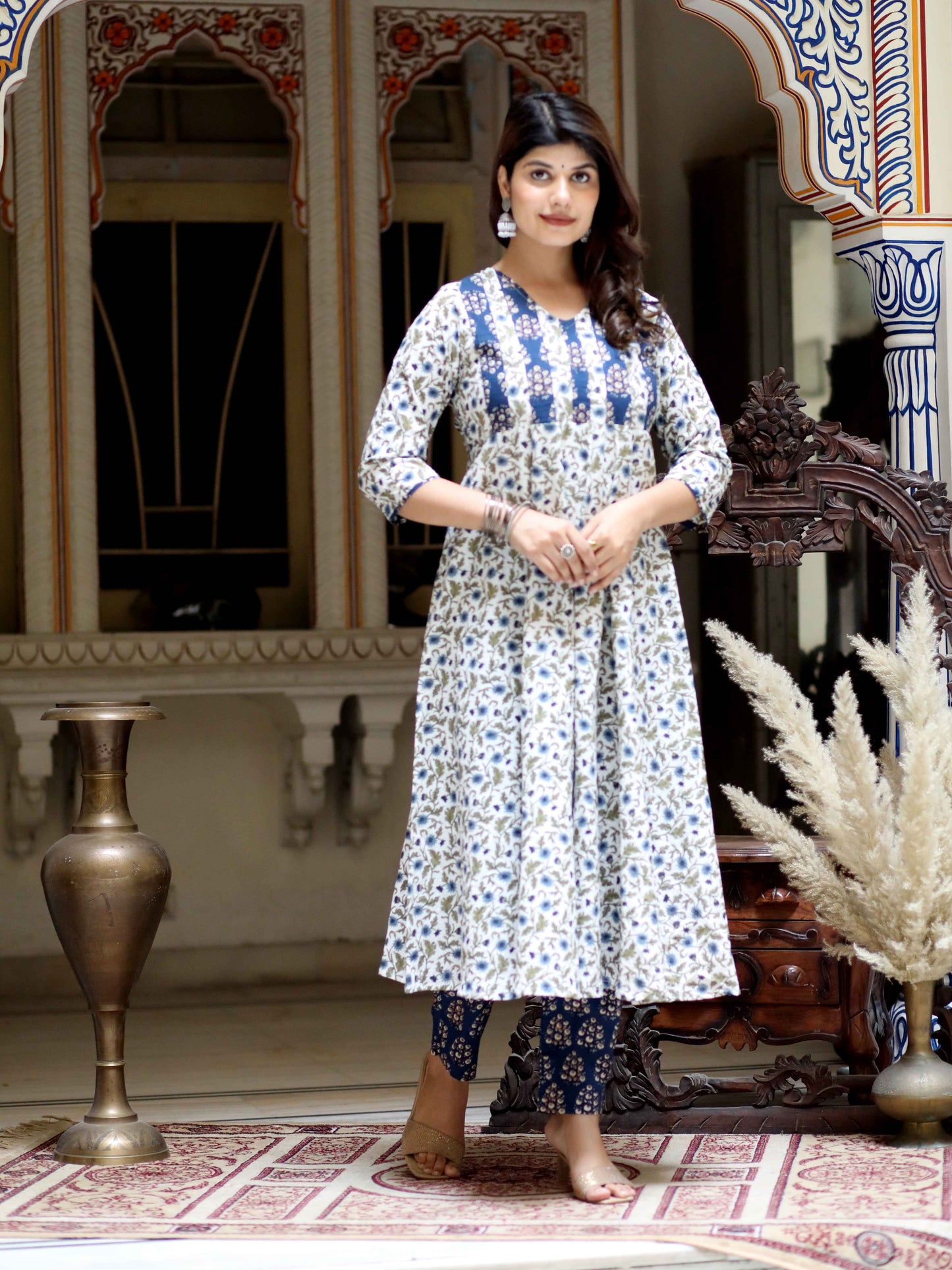 Women's Blue Floral Printed Anarkali Pure Cotton Kurta With Palazzo Set - Miravan
