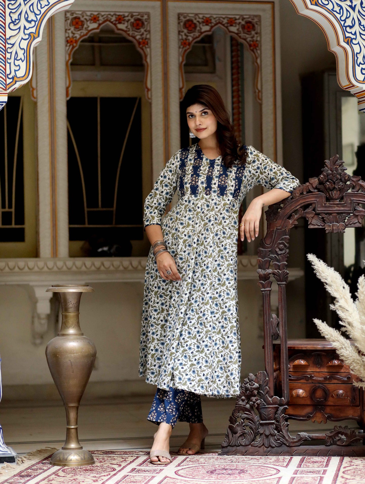 Women's Blue Floral Printed Anarkali Pure Cotton Kurta With Palazzo Set - Miravan