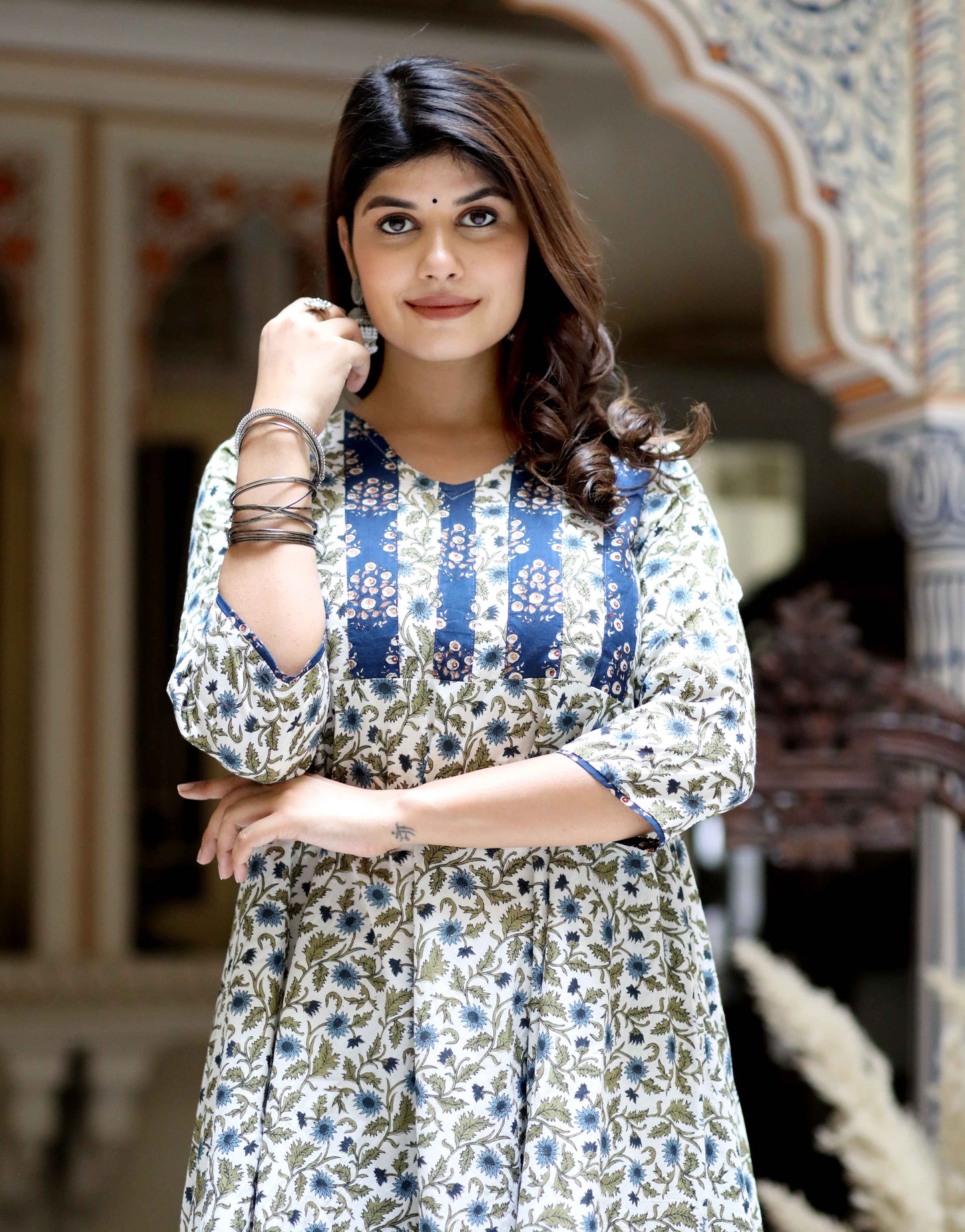 Women's Blue Floral Printed Anarkali Pure Cotton Kurta With Palazzo Set - Miravan