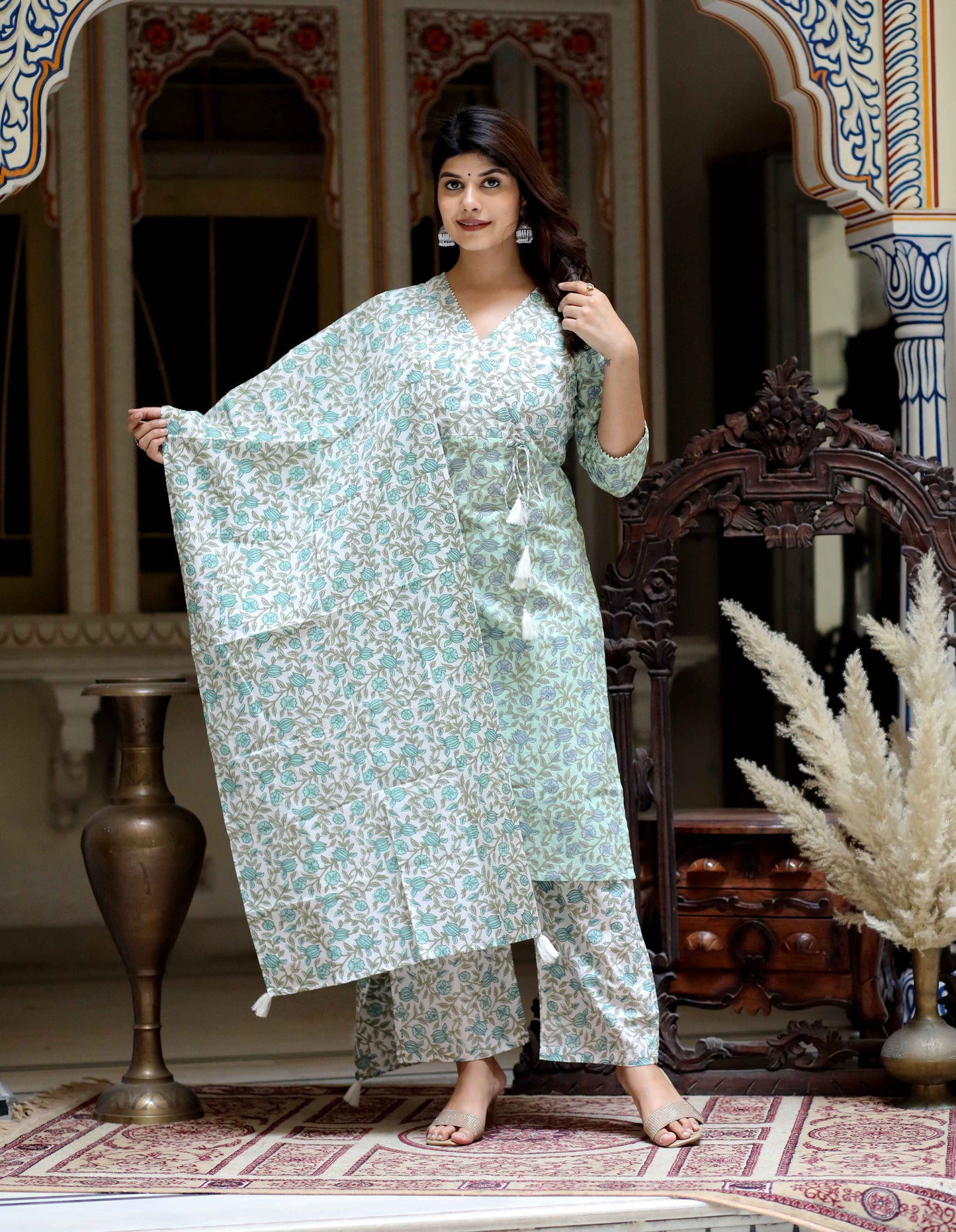 Women's Green Floral Printed Angrakha Pure Cotton Kurta With Palazzo & Dupatta Set - Miravan