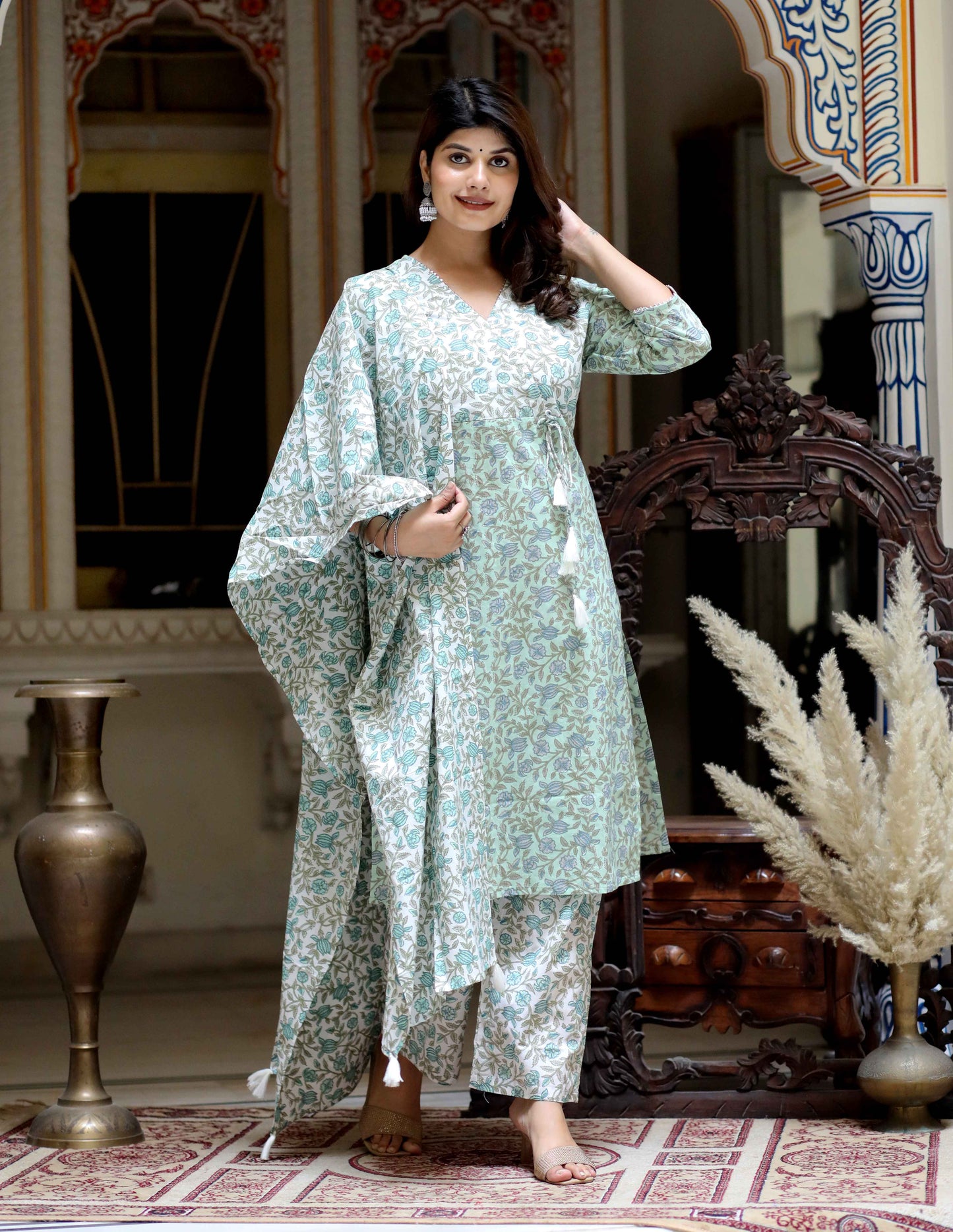 Women's Green Floral Printed Angrakha Pure Cotton Kurta With Palazzo & Dupatta Set - Miravan