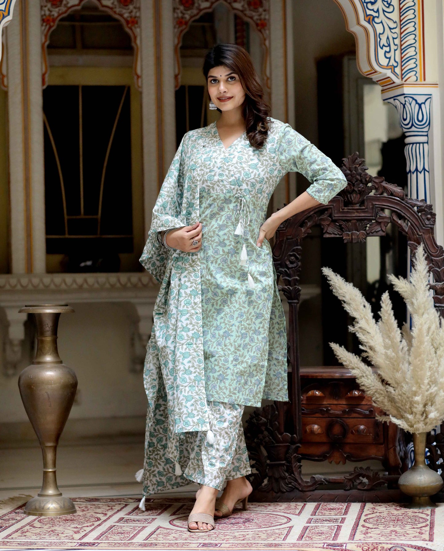 Women's Green Floral Printed Angrakha Pure Cotton Kurta With Palazzo & Dupatta Set - Miravan