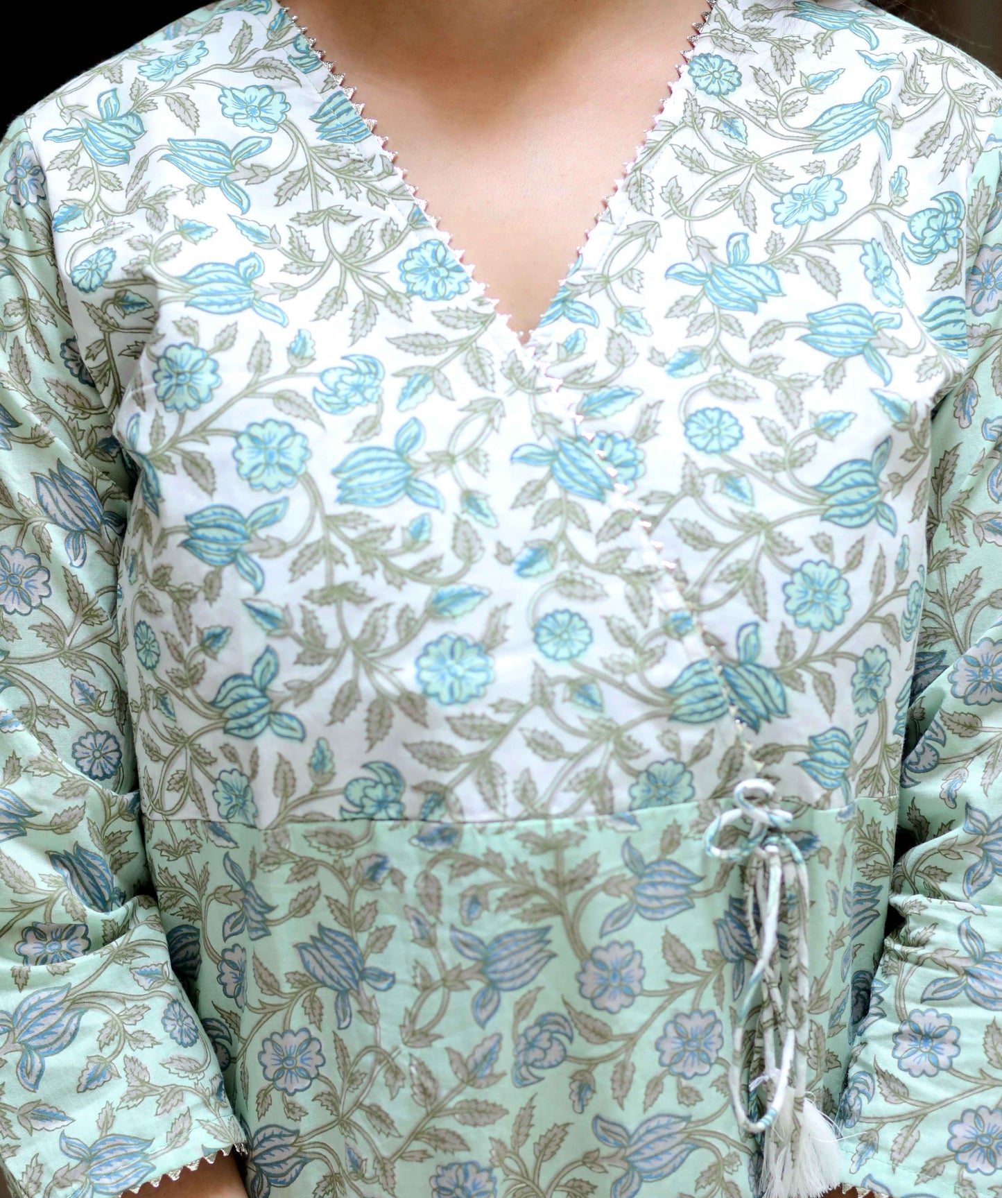Women's Green Floral Printed Angrakha Pure Cotton Kurta With Palazzo & Dupatta Set - Miravan
