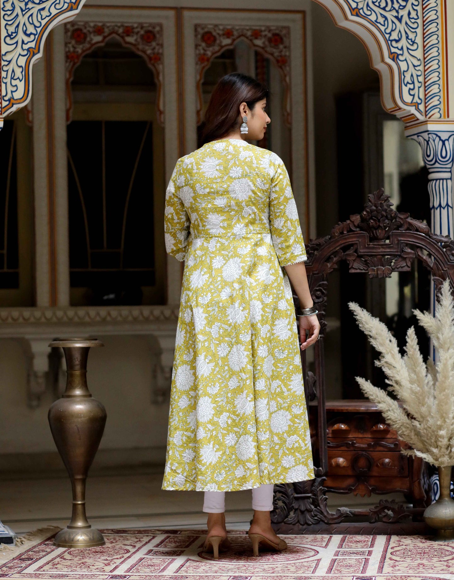 Women's Yellow Cotton Floral Printed Anarkali Kurta - Miravan