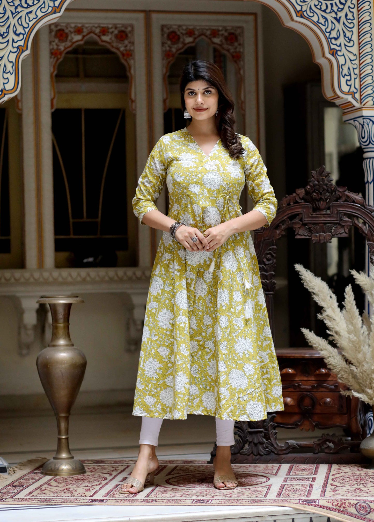 Women's Yellow Cotton Floral Printed Anarkali Kurta - Miravan