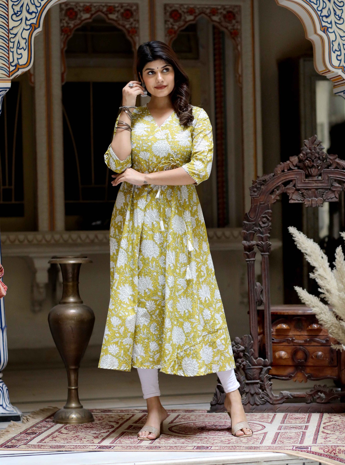 Women's Yellow Cotton Floral Printed Anarkali Kurta - Miravan
