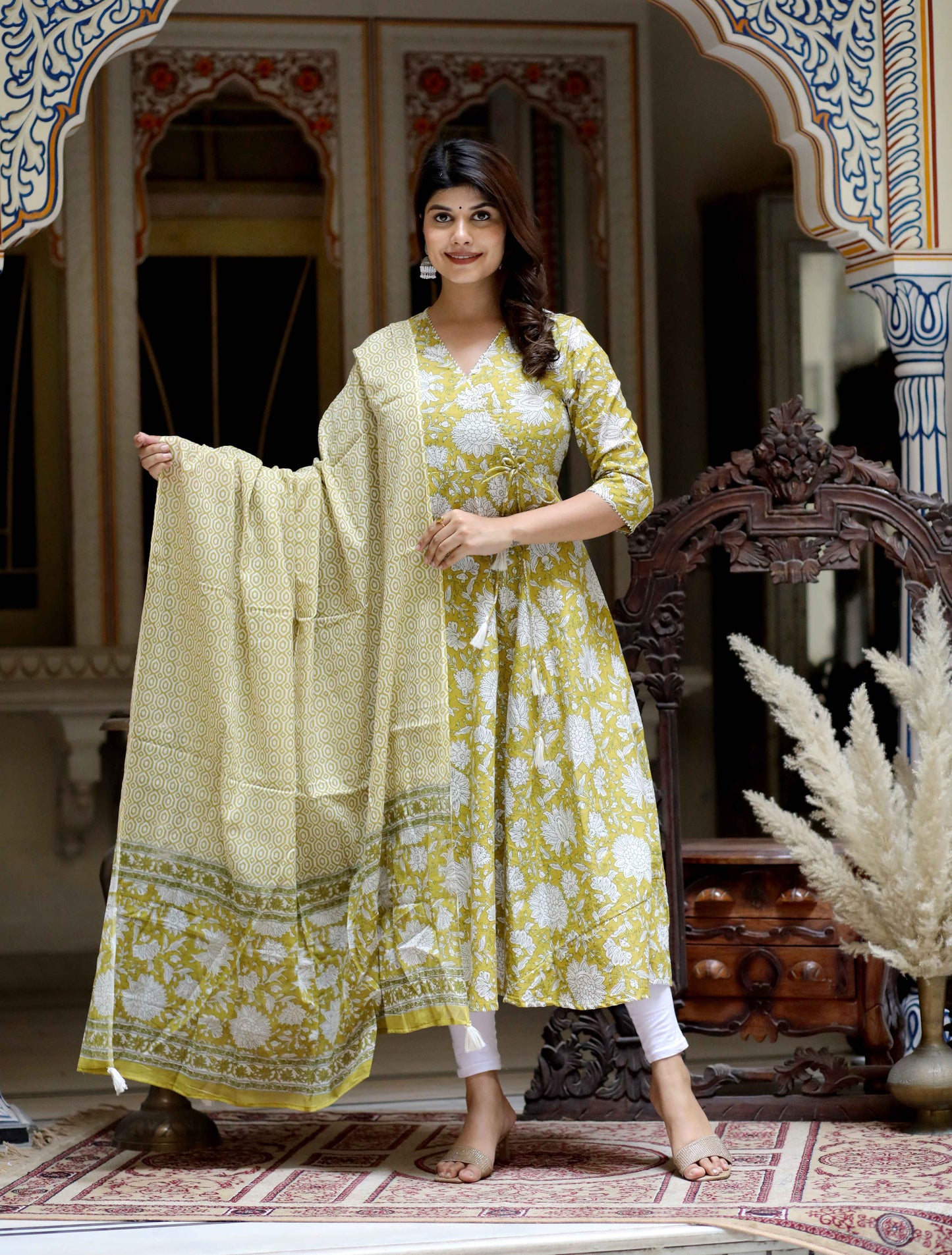 Women's Yellow Cotton Floral Print Anarkali Kurta With Dupatta - Miravan