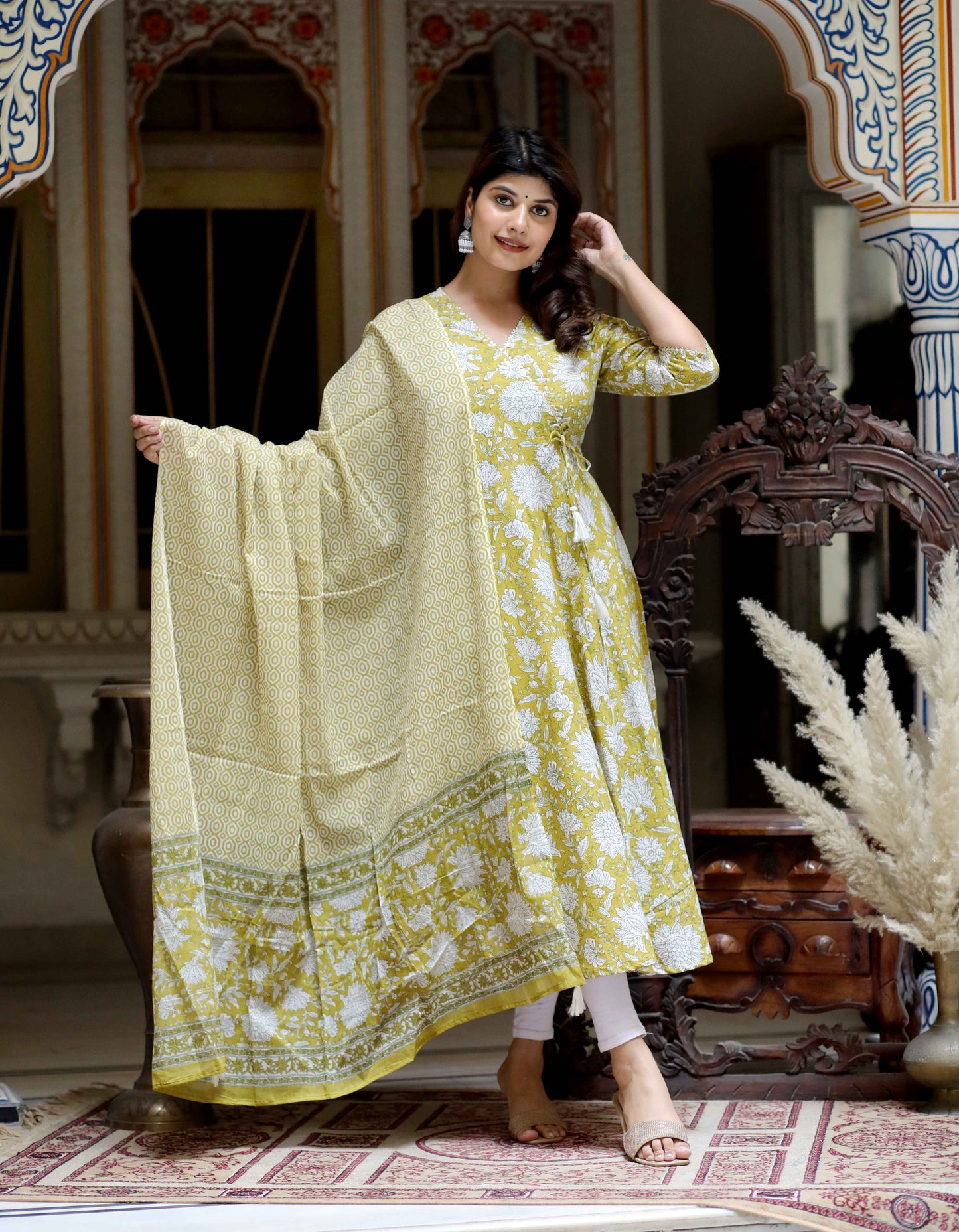 Women's Yellow Cotton Floral Print Anarkali Kurta With Dupatta - Miravan