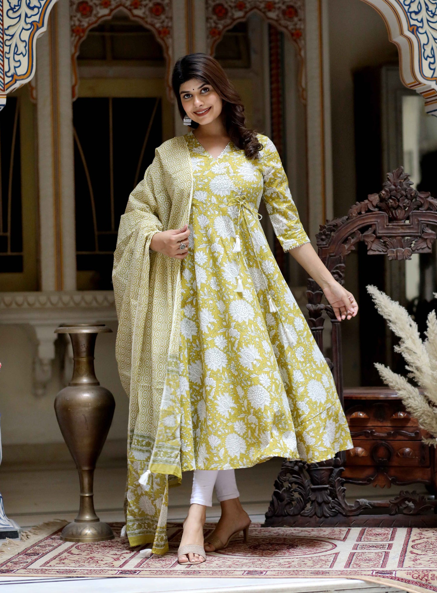 Women's Yellow Cotton Floral Print Anarkali Kurta With Dupatta - Miravan