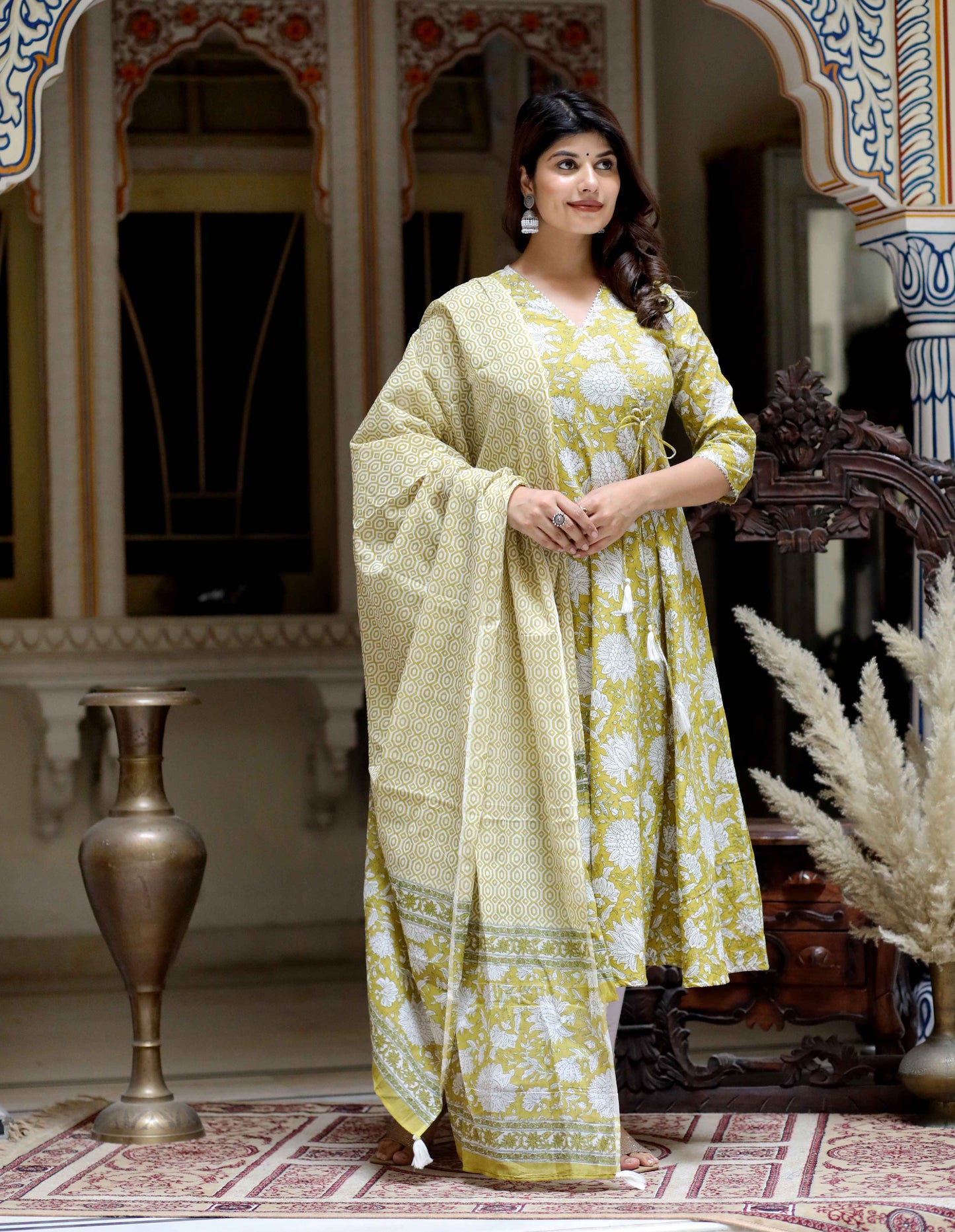 Women's Yellow Cotton Floral Print Anarkali Kurta With Dupatta - Miravan