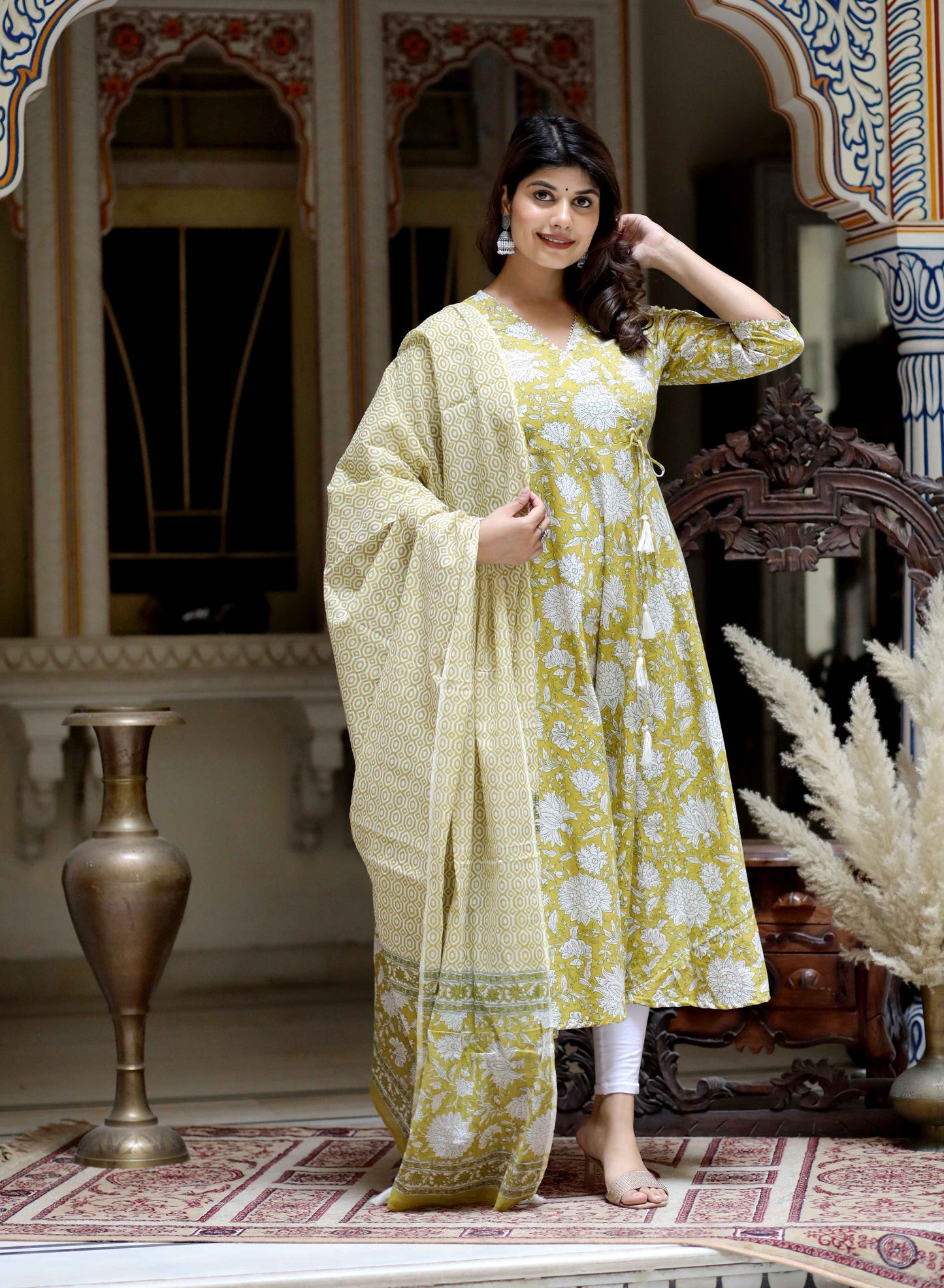 Women's Yellow Cotton Floral Print Anarkali Kurta With Dupatta - Miravan