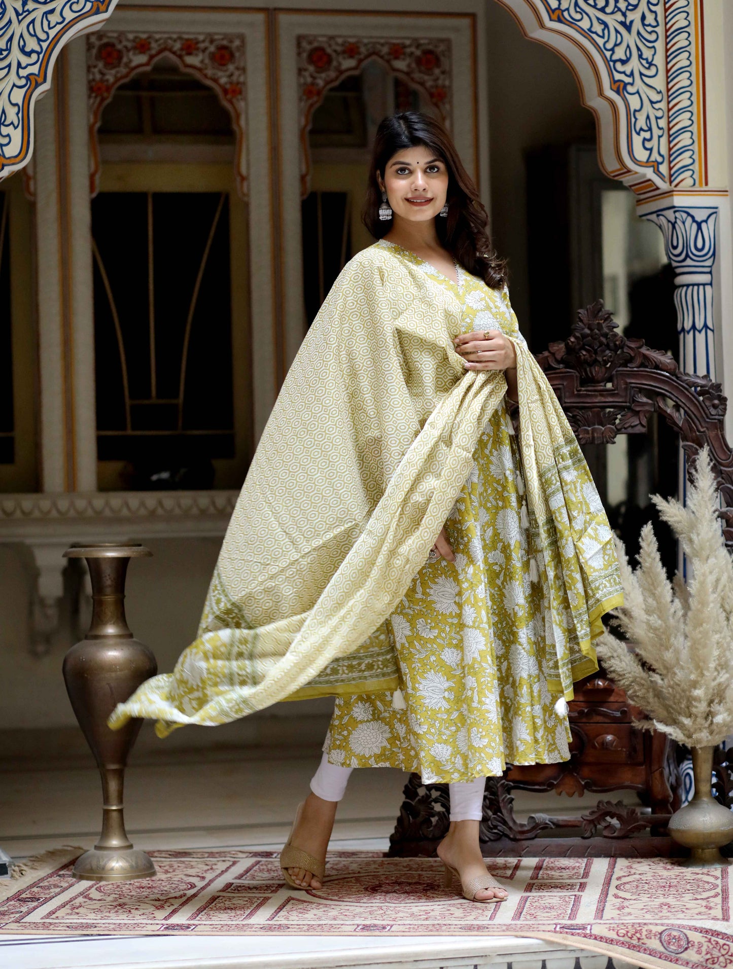 Women's Yellow Cotton Floral Print Anarkali Kurta With Dupatta - Miravan