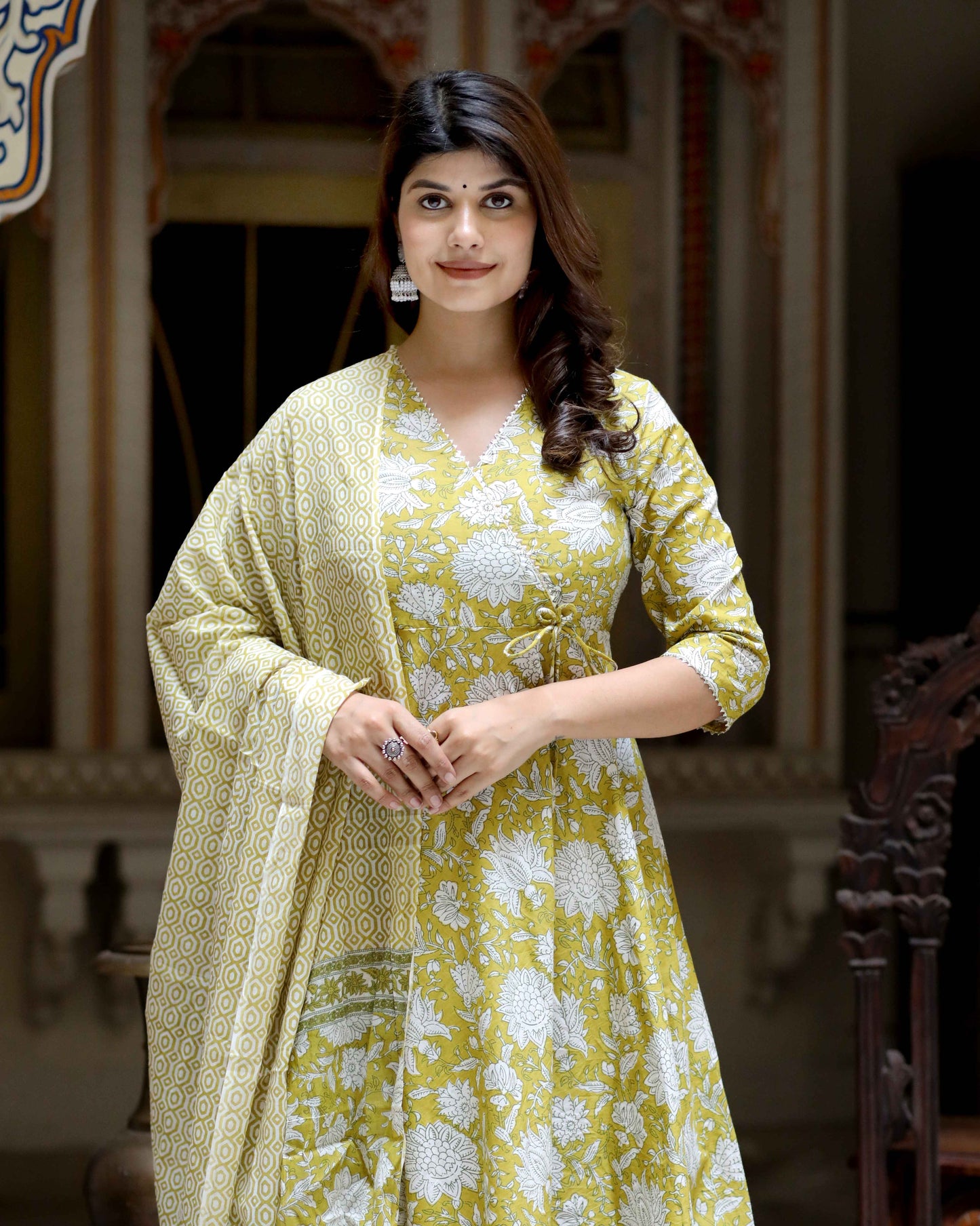 Women's Yellow Cotton Floral Print Anarkali Kurta With Dupatta - Miravan