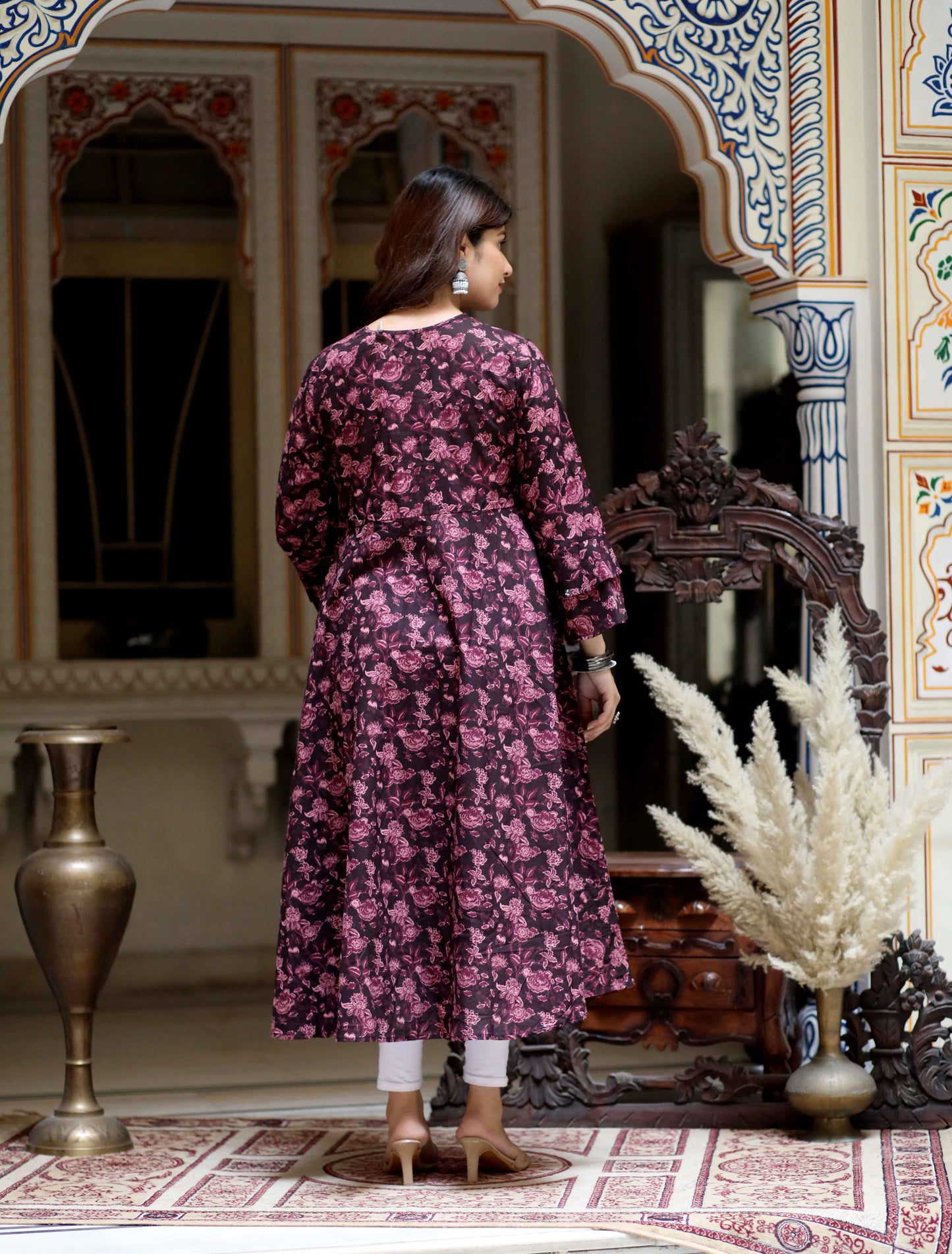 Women's Maroon Floral Bell Sleeves Anarkali Kurta - Miravan