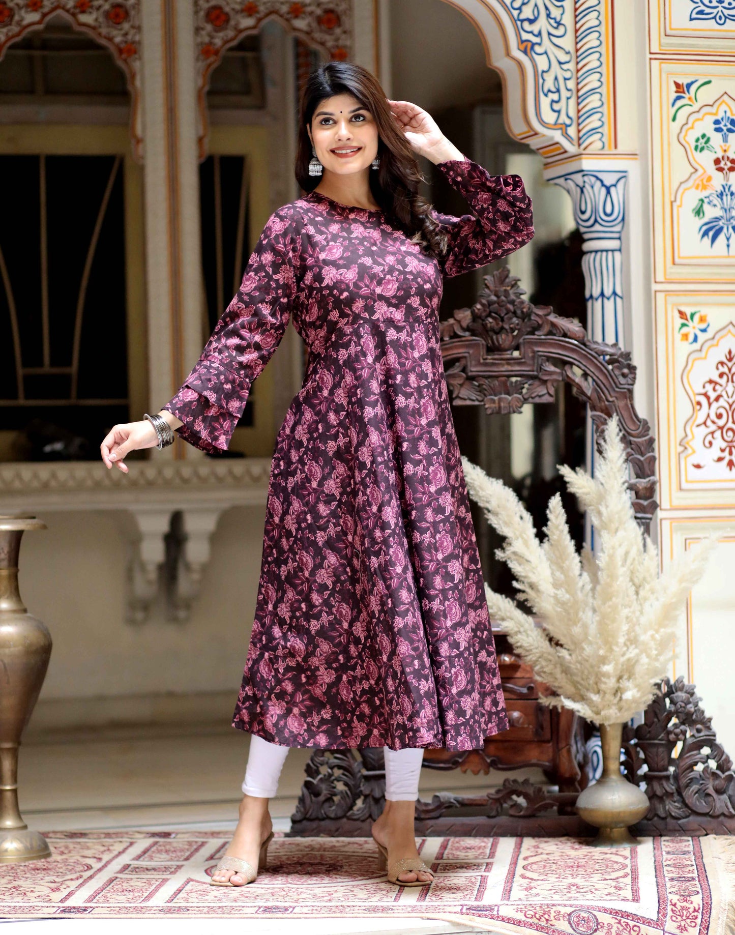 Women's Maroon Floral Bell Sleeves Anarkali Kurta - Miravan