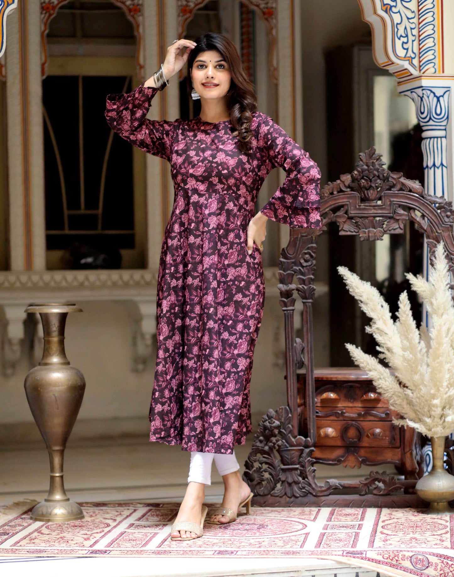 Women's Maroon Floral Bell Sleeves Anarkali Kurta - Miravan