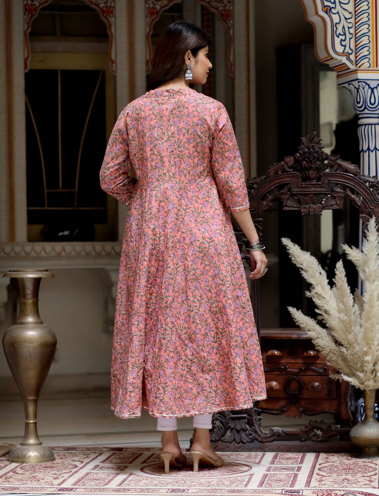 Women's Orange Cotton Floral Printed Anarkali Kurta - Miravan