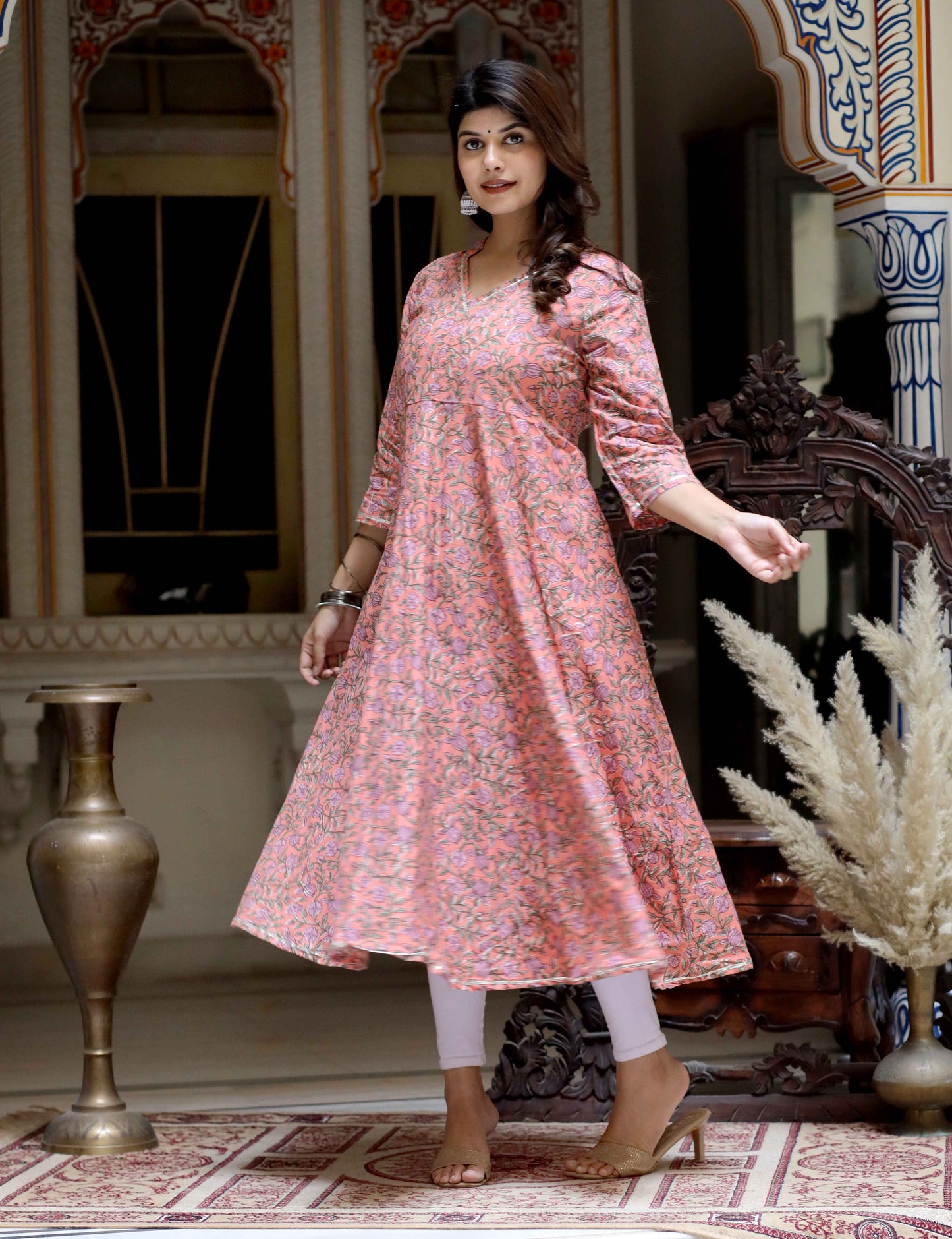 Women's Orange Cotton Floral Printed Anarkali Kurta - Miravan
