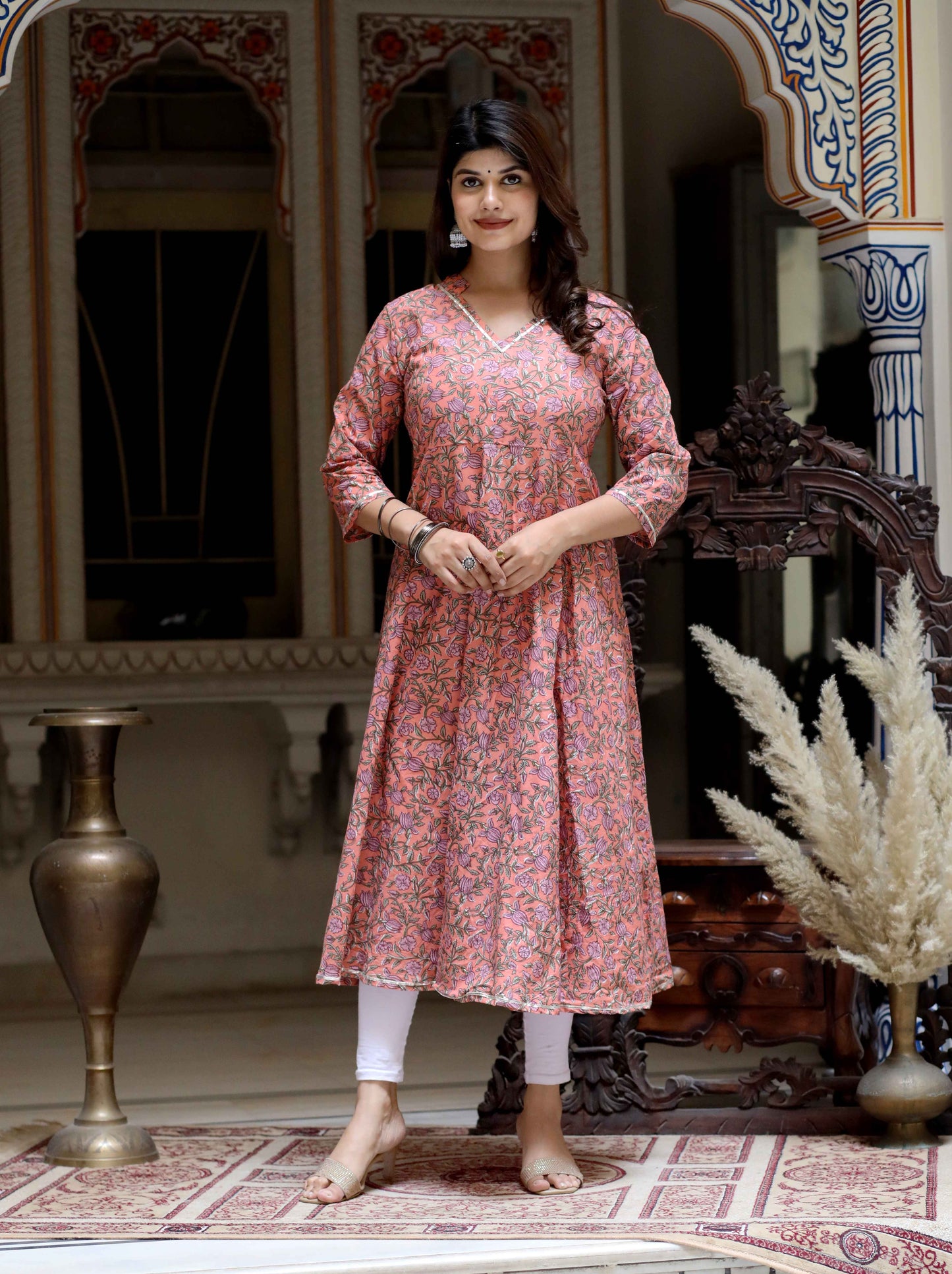 Women's Orange Cotton Floral Printed Anarkali Kurta - Miravan