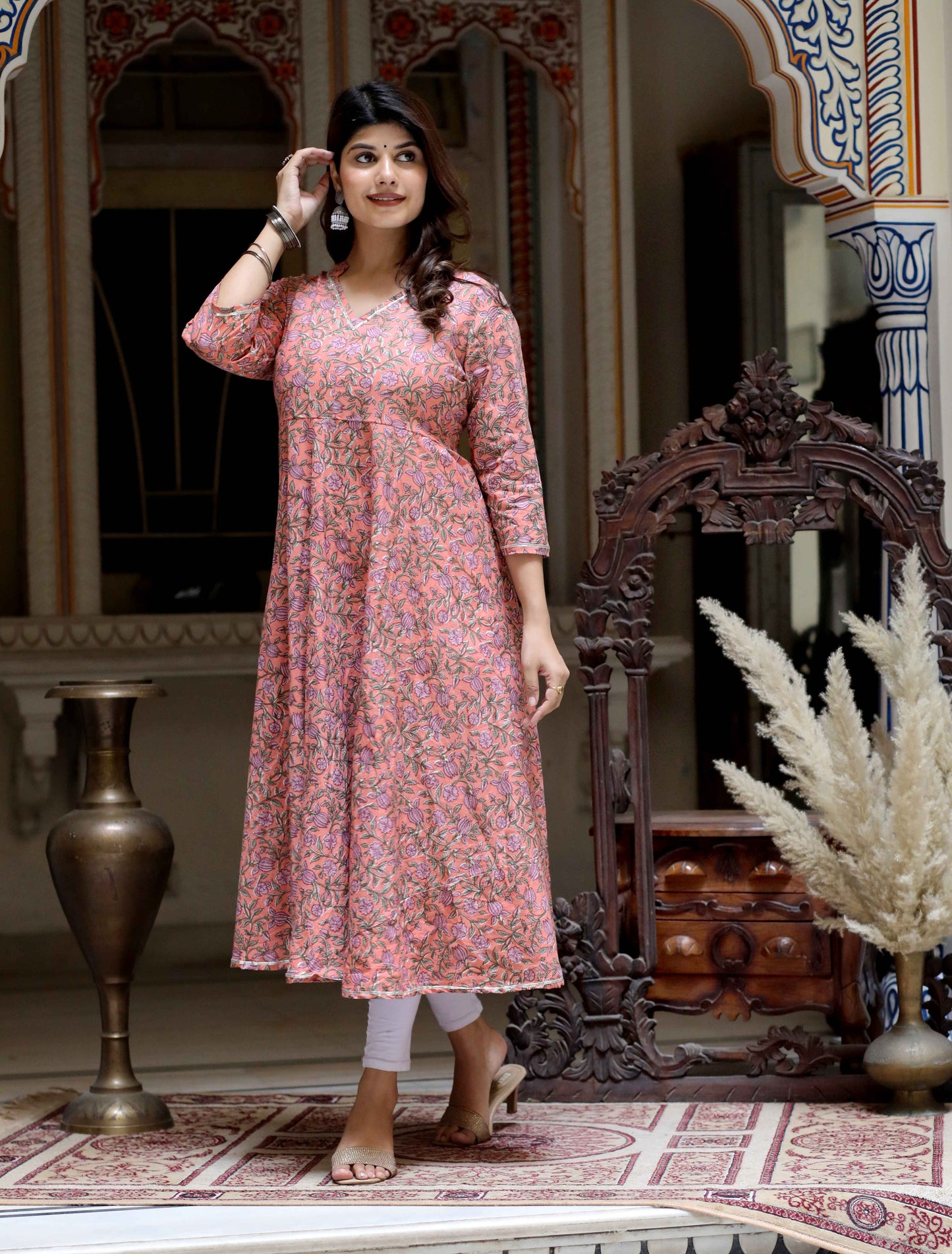 Women's Orange Cotton Floral Printed Anarkali Kurta - Miravan
