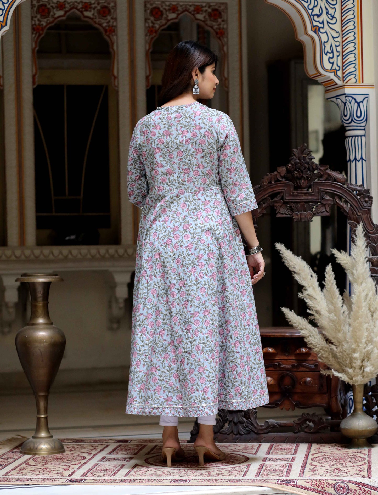 Women's Blue Floral Printed Anarkali Kurta - Miravan