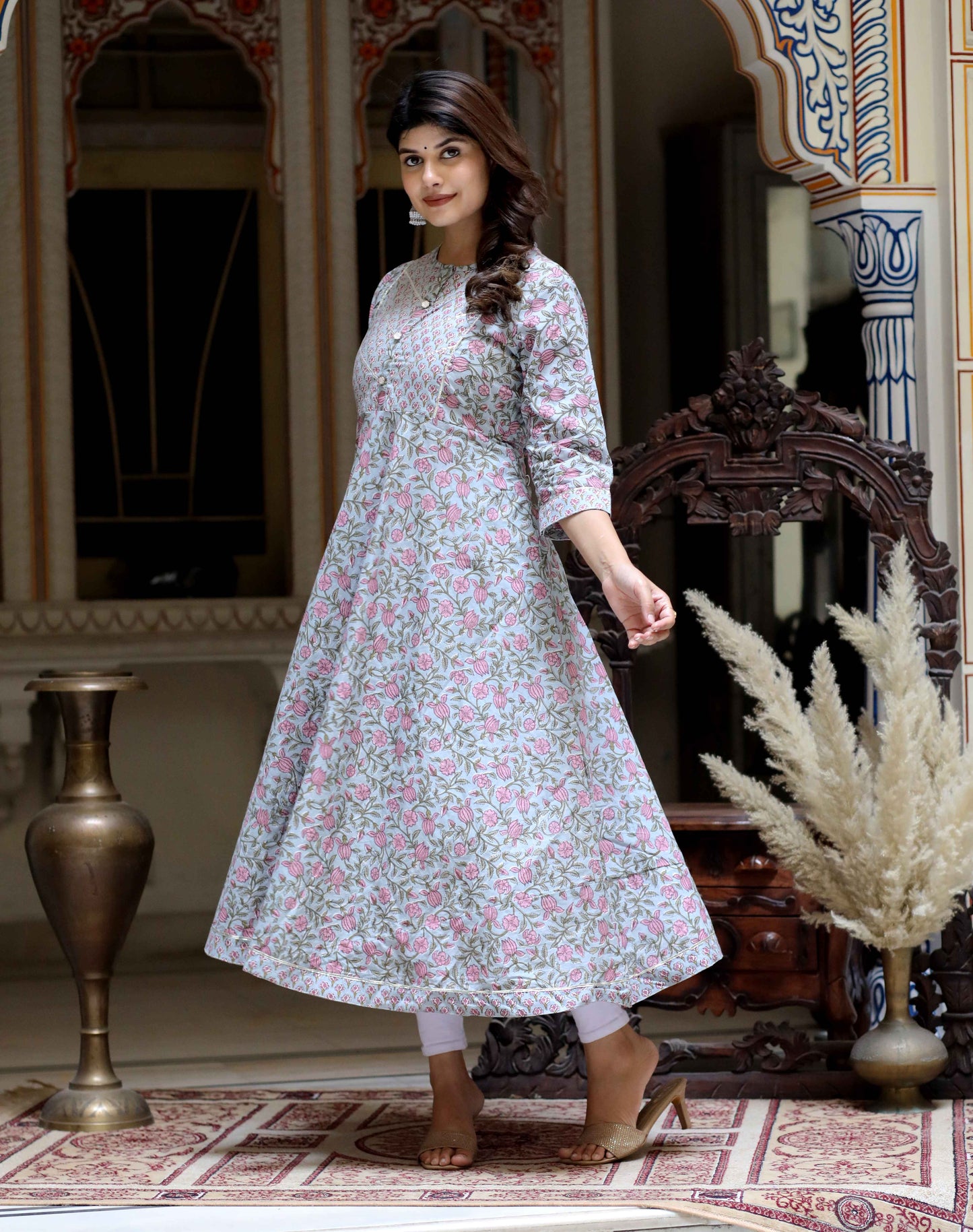 Women's Blue Floral Printed Anarkali Kurta - Miravan