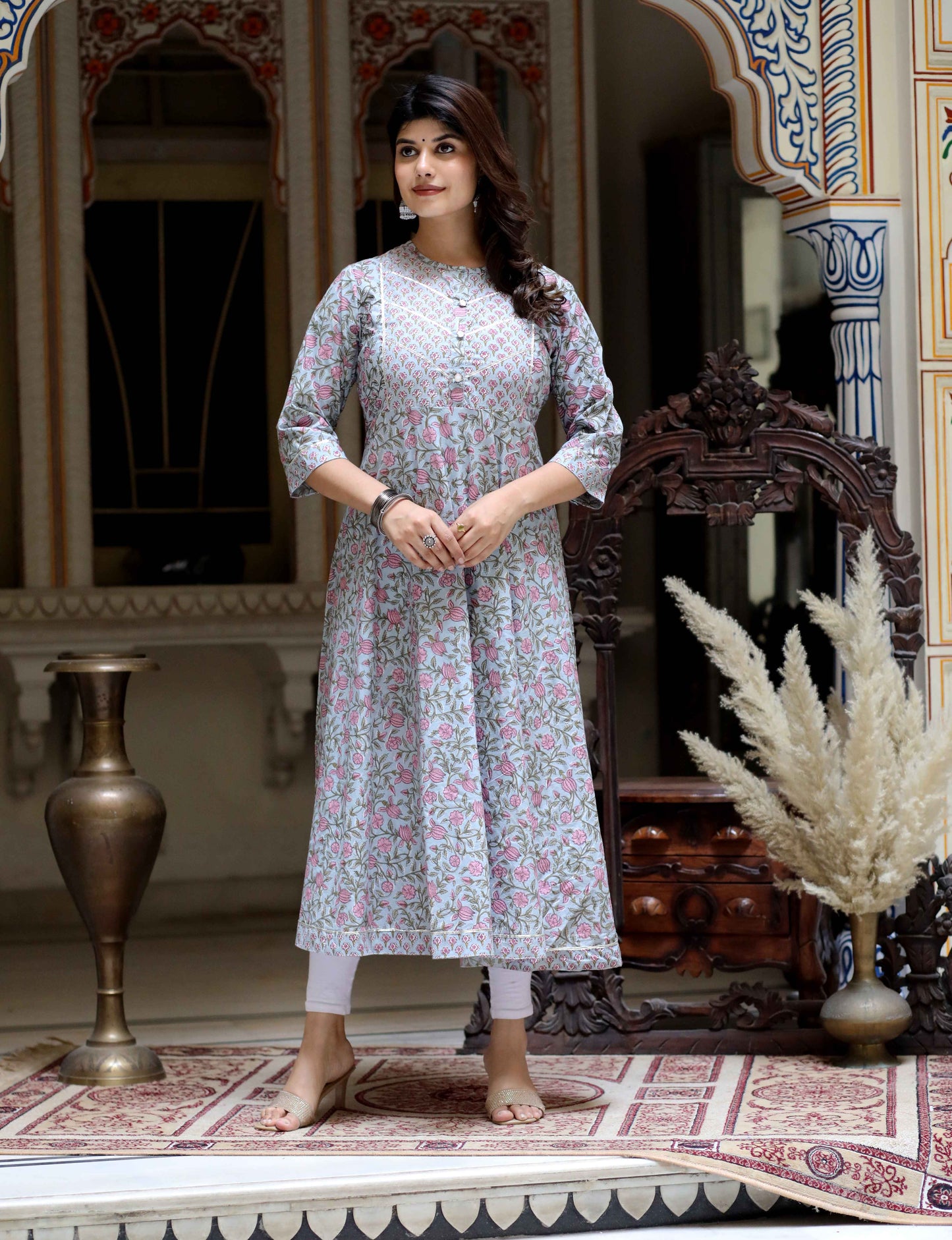 Women's Blue Floral Printed Anarkali Kurta - Miravan