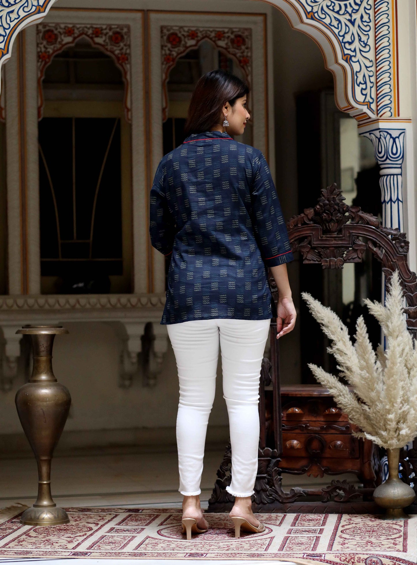 Women's Blue Printed Indigo Top- Miravan
