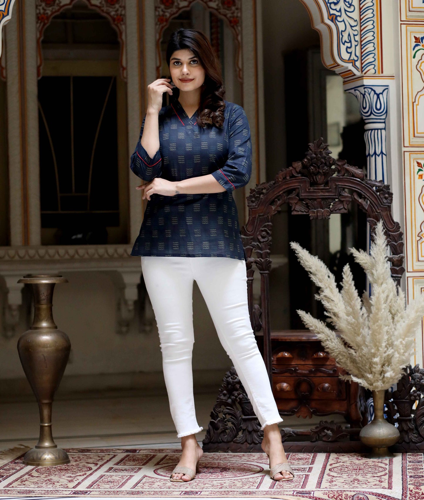 Women's Blue Printed Indigo Top- Miravan