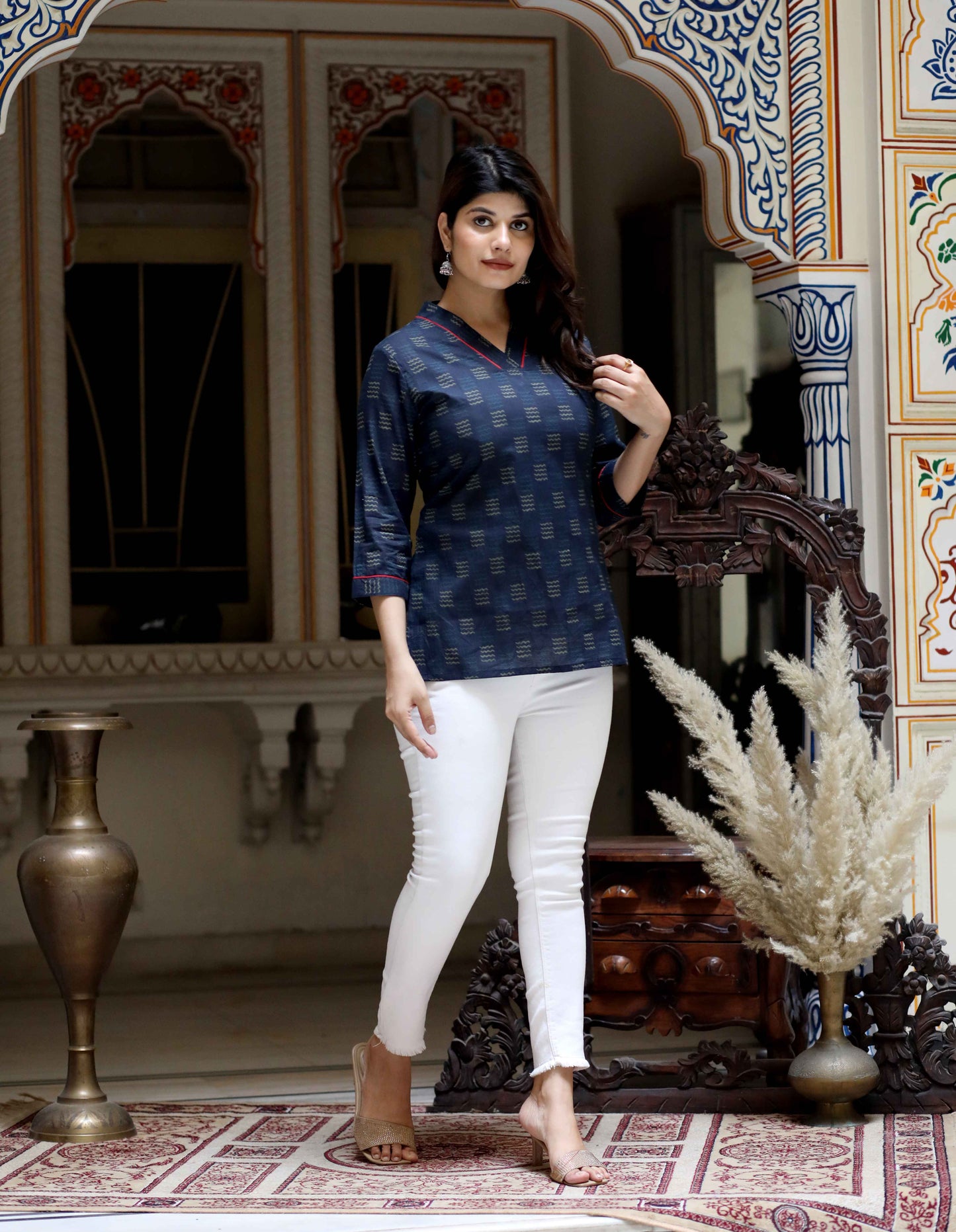Women's Blue Printed Indigo Top- Miravan