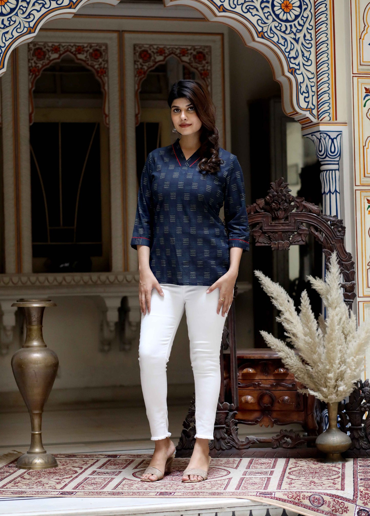Women's Blue Printed Indigo Top- Miravan