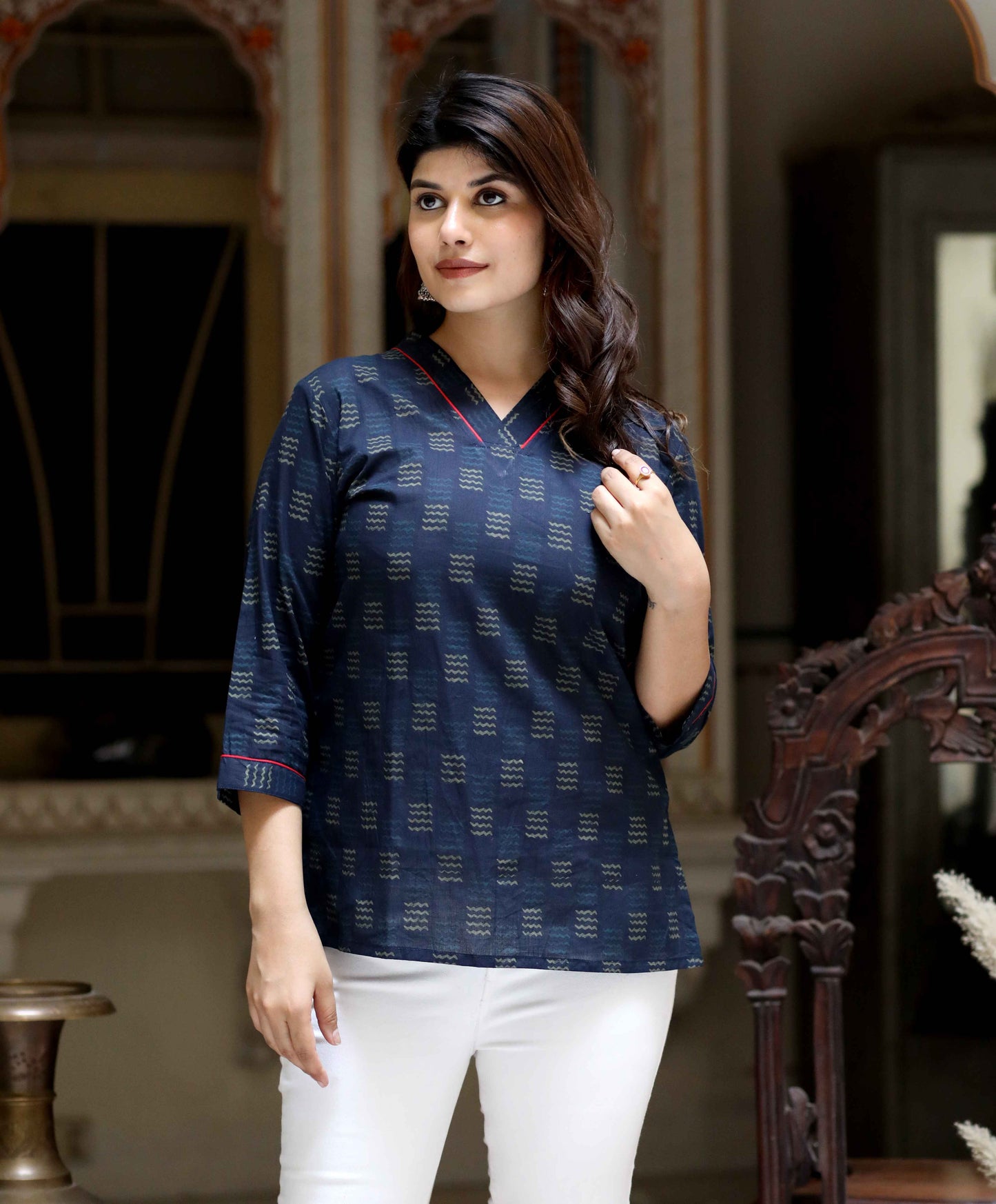 Women's Blue Printed Indigo Top- Miravan
