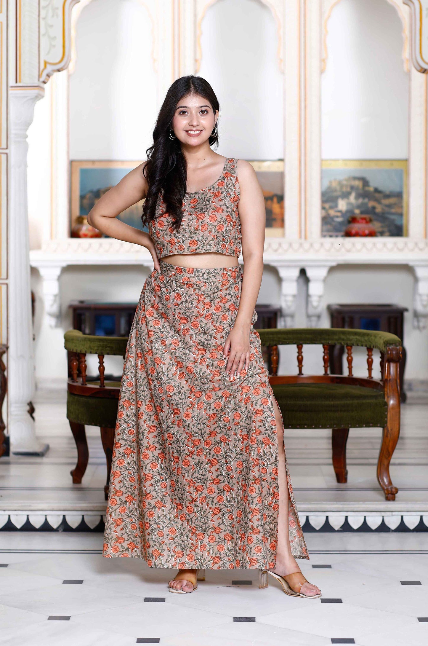 Women's Brown Floral Printed Crop Top And Skirt Co-Ord Set - Miravan