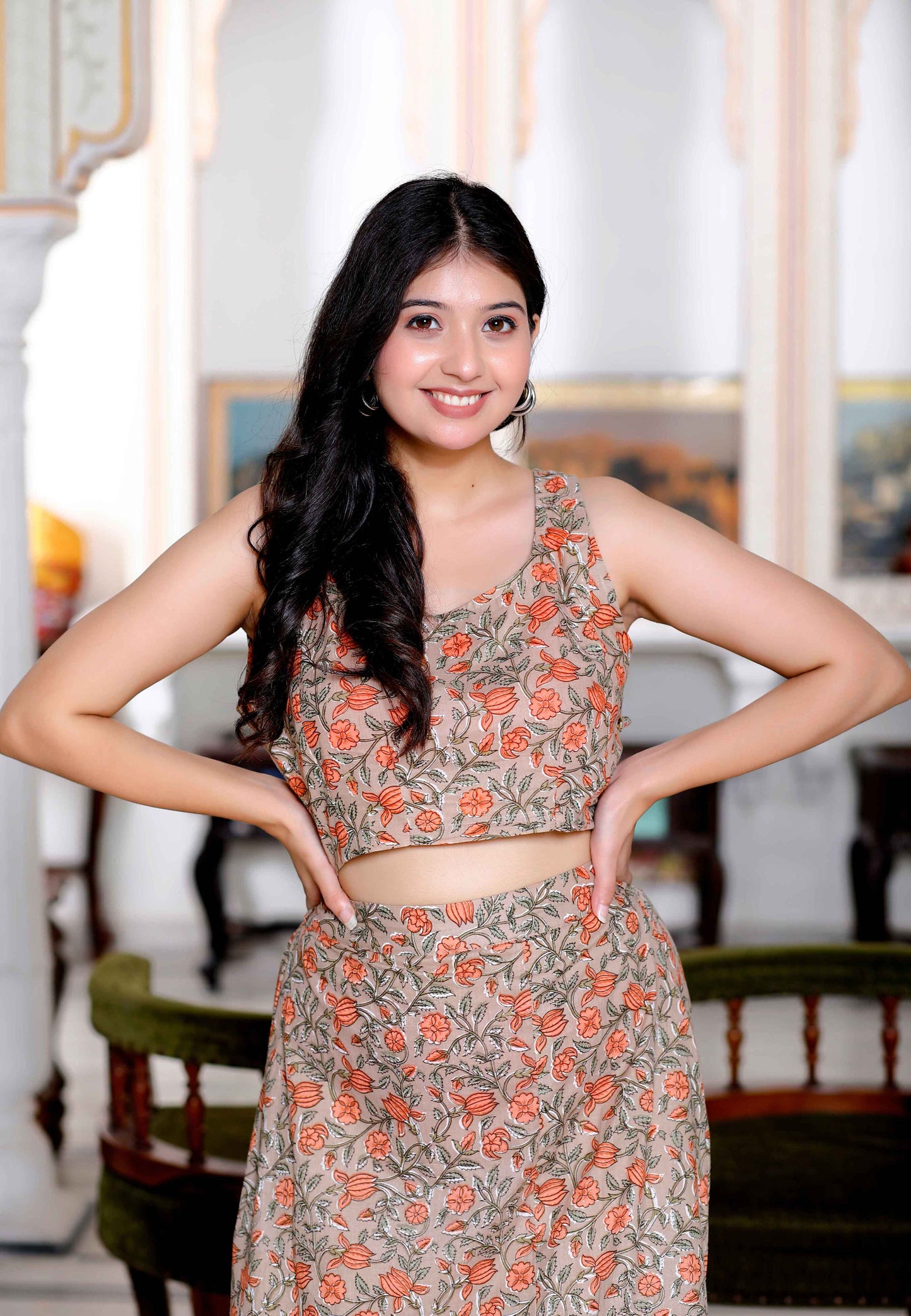 Women's Brown Floral Printed Crop Top And Skirt Co-Ord Set - Miravan